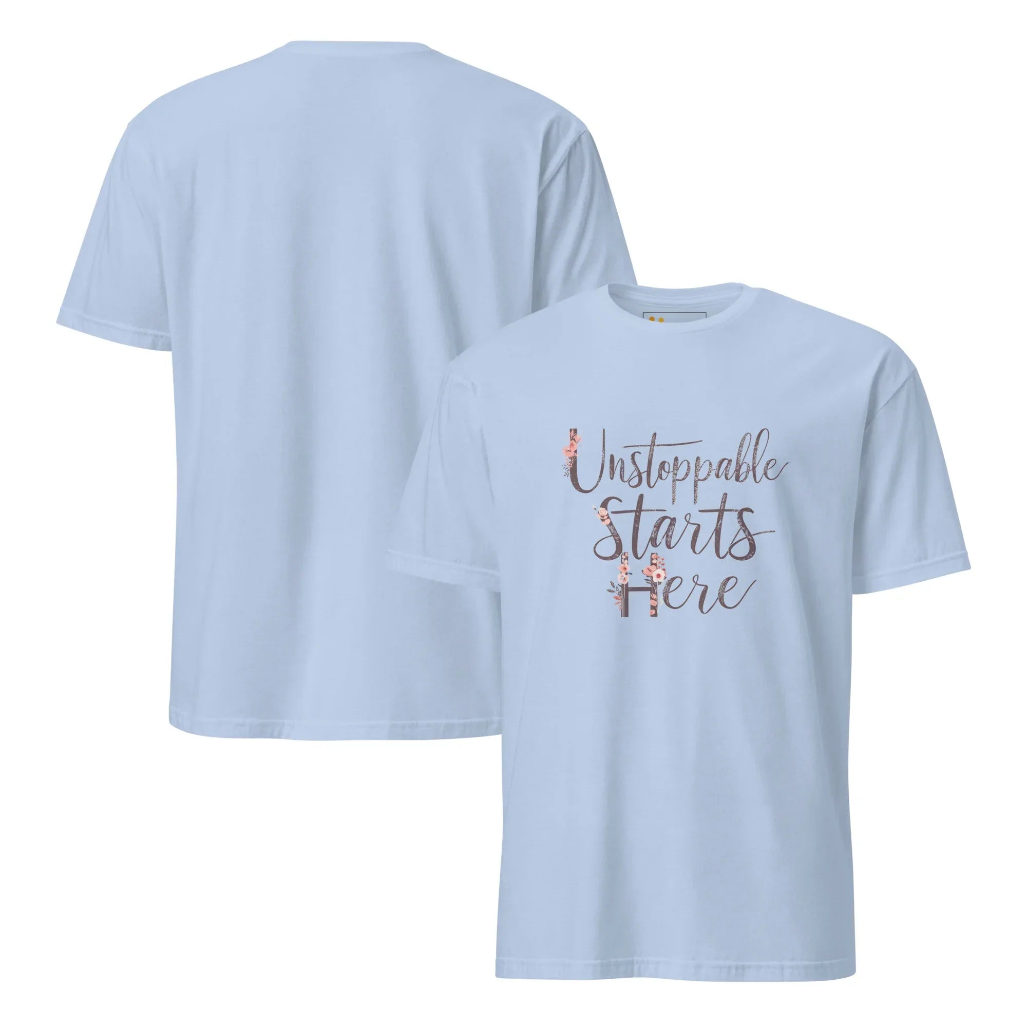 Short-Sleeve Women's T-Shirt | Unstoppablr Starts Here T-Shirt AwRans Clothing unisex-basic-softstyle-t-shirt-light-blue-front-and-back-67b00c01acfe7