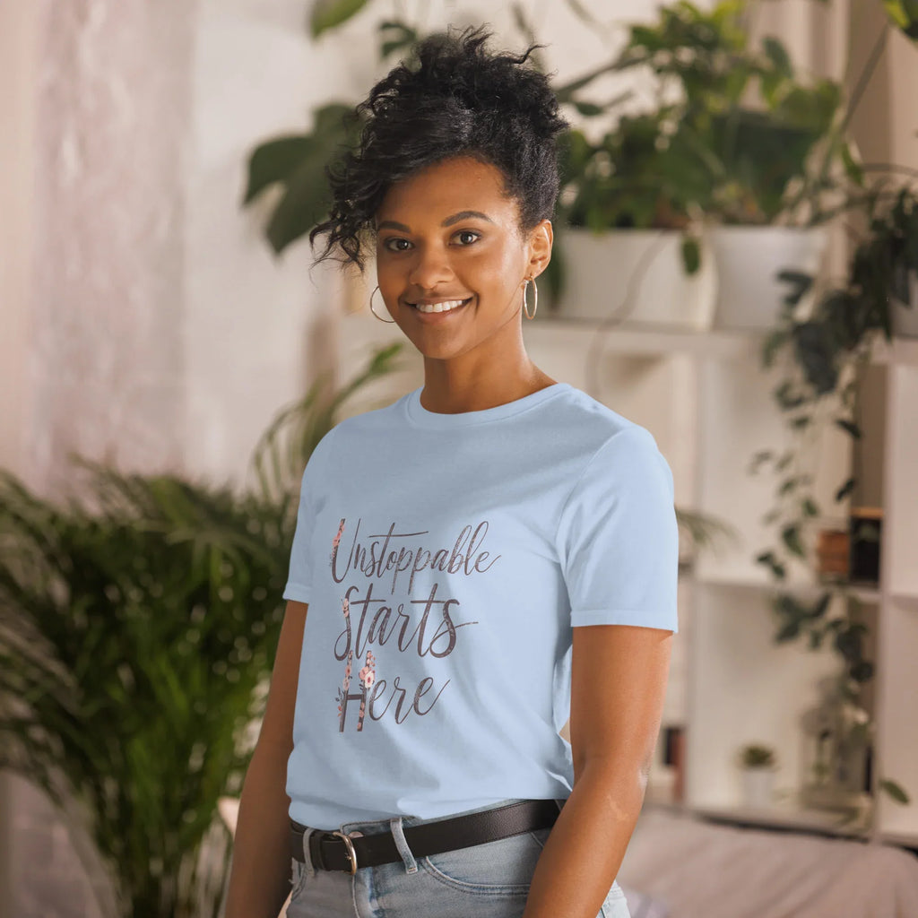 Short-Sleeve Women's T-Shirt | Unstoppablr Starts Here T-Shirt AwRans Clothing unisex-basic-softstyle-t-shirt-light-blue-left-front-67b00c026bed9