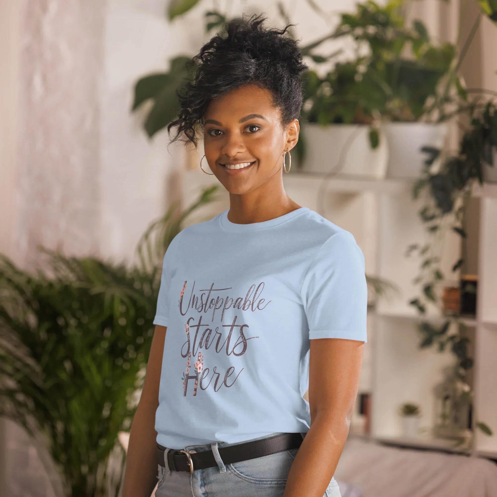 Short-Sleeve Women's T-Shirt | Unstoppablr Starts Here T-Shirt AwRans Clothing unisex-basic-softstyle-t-shirt-light-blue-left-front-67b00c026bed9