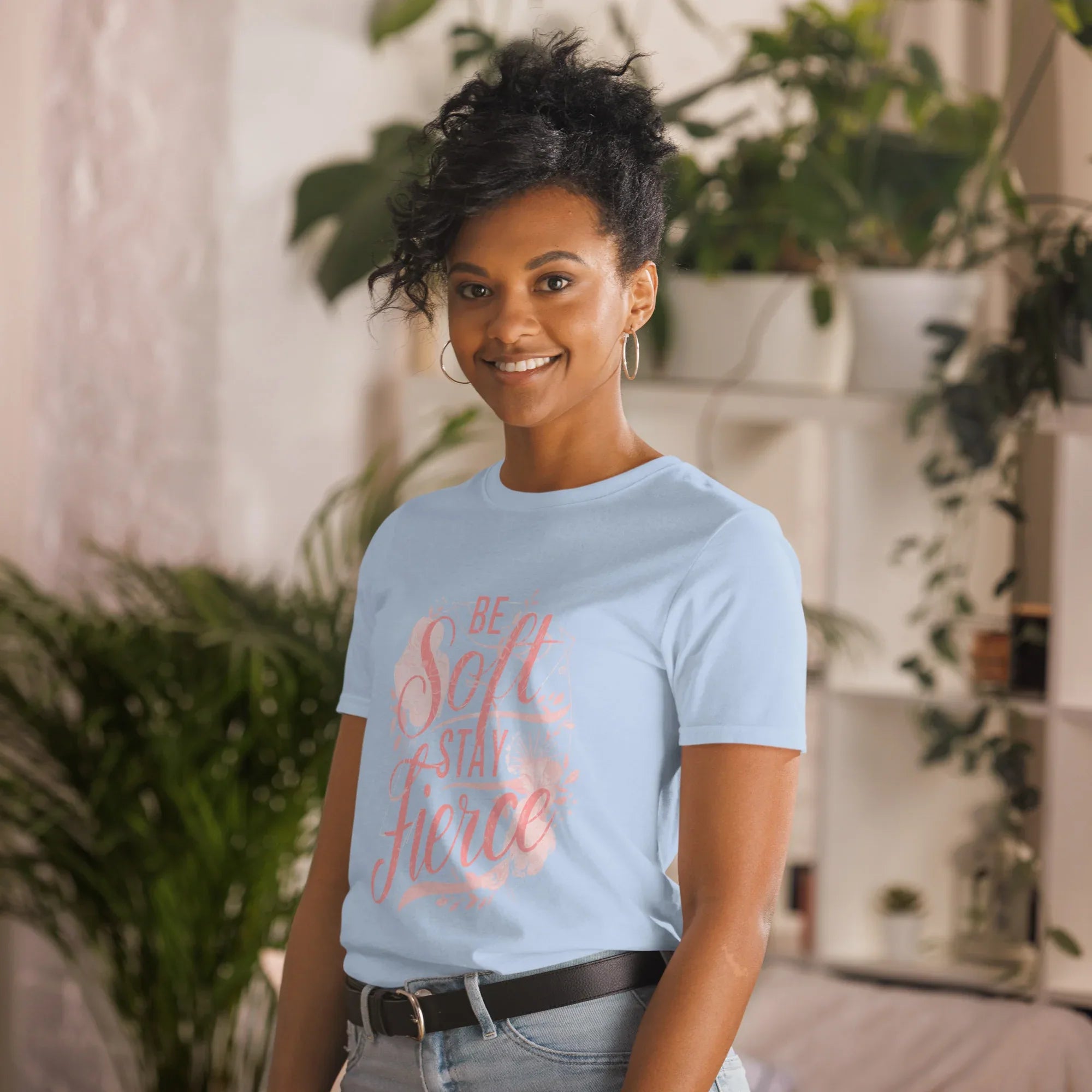 Short-Sleeve Women's T-Shirt | Be Soft Stay Fierce T-Shirt AwRans Clothing unisex-basic-softstyle-t-shirt-light-blue-left-front-67b059d7b9660