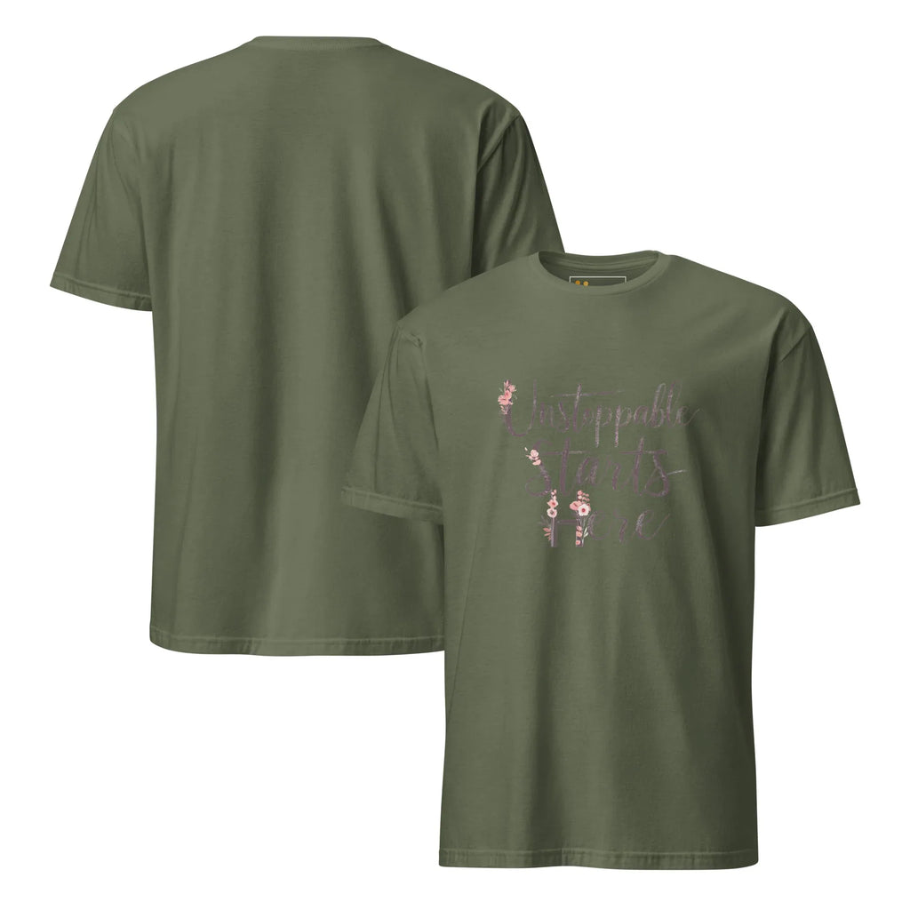 Short-Sleeve Women's T-Shirt | Unstoppablr Starts Here T-Shirt AwRans Clothing unisex-basic-softstyle-t-shirt-military-green-front-and-back-67b00c0193215