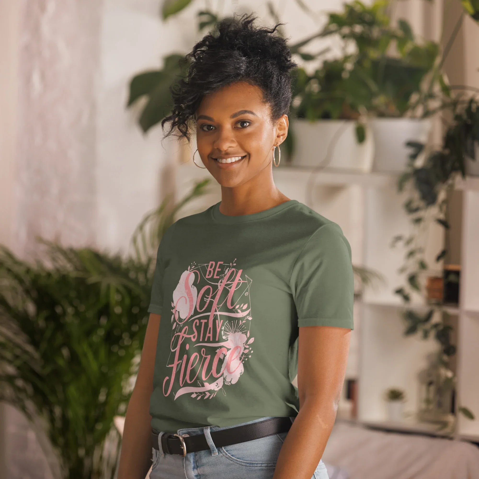 Short-Sleeve Women's T-Shirt | Be Soft Stay Fierce T-Shirt AwRans Clothing unisex-basic-softstyle-t-shirt-military-green-left-front-67b059d77f3f5