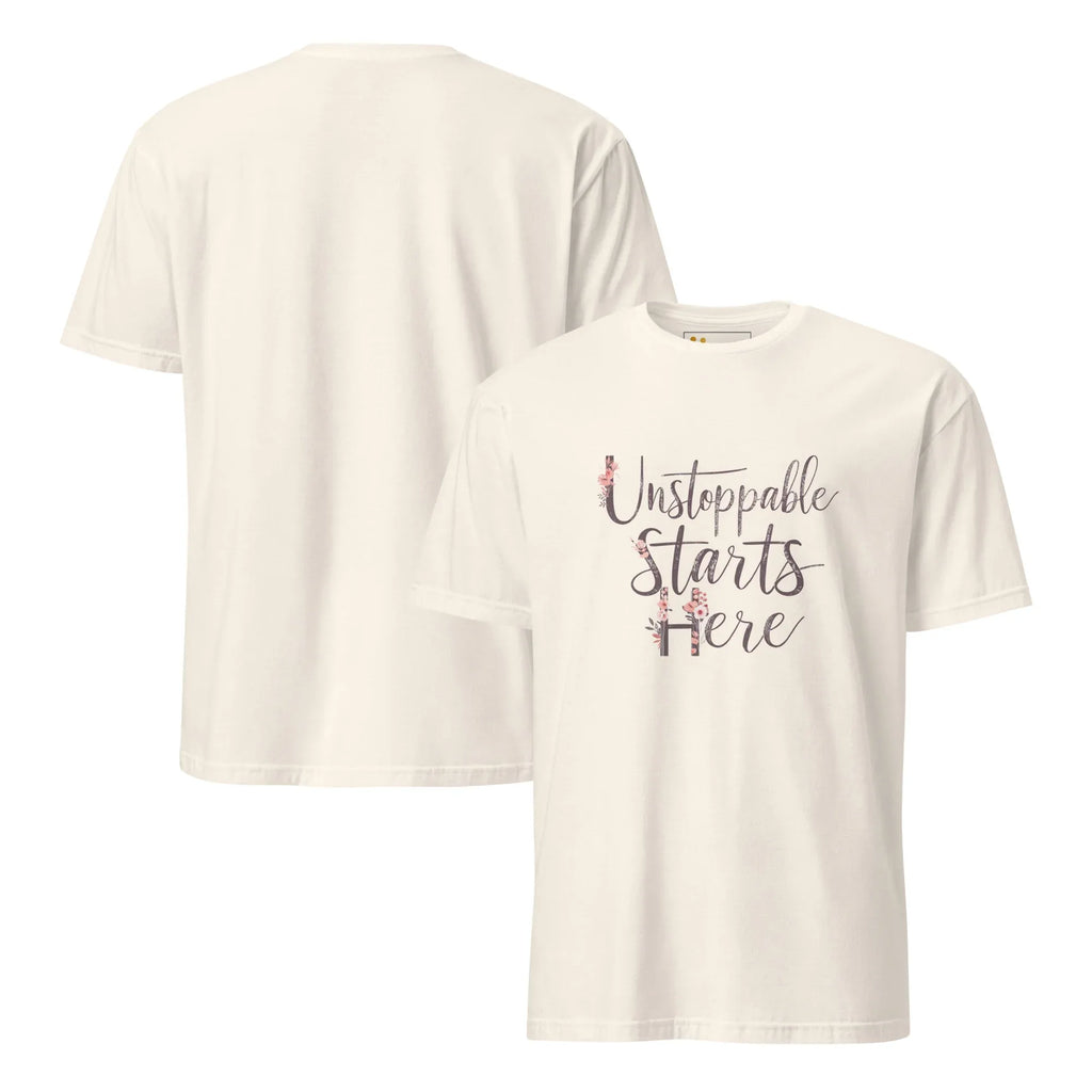 Short-Sleeve Women's T-Shirt | Unstoppablr Starts Here T-Shirt AwRans Clothing unisex-basic-softstyle-t-shirt-natural-front-and-back-67b00c01c1698