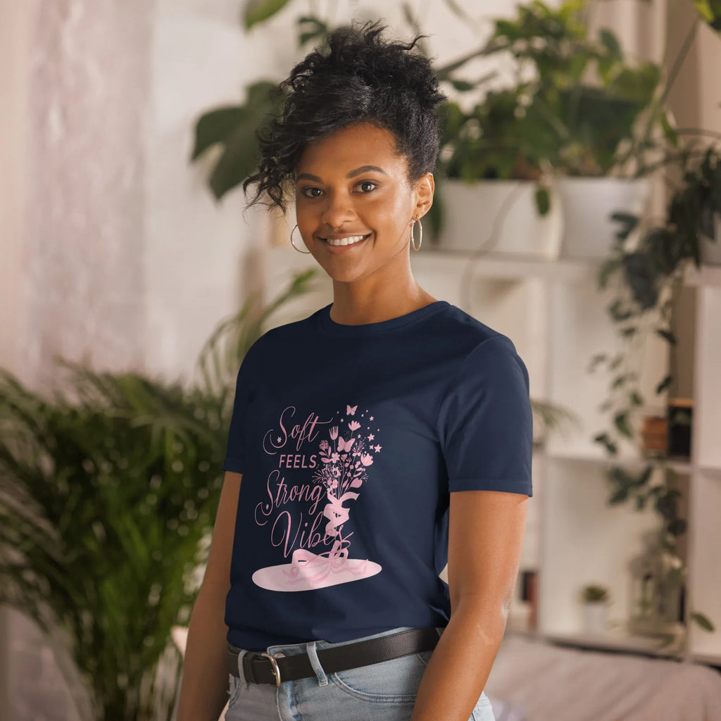 Short-Sleeve Women's T-Shirt | Soft Feels Strong Vibes T-Shirt AwRans Clothing unisex-basic-softstyle-t-shirt-navy-left-front-67b05136b914e