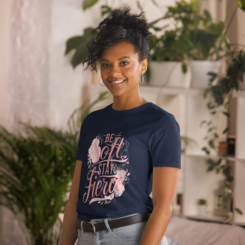 Short-Sleeve Women's T-Shirt | Be Soft Stay Fierce T-Shirt AwRans Clothing unisex-basic-softstyle-t-shirt-navy-left-front-67b059d72a5ee
