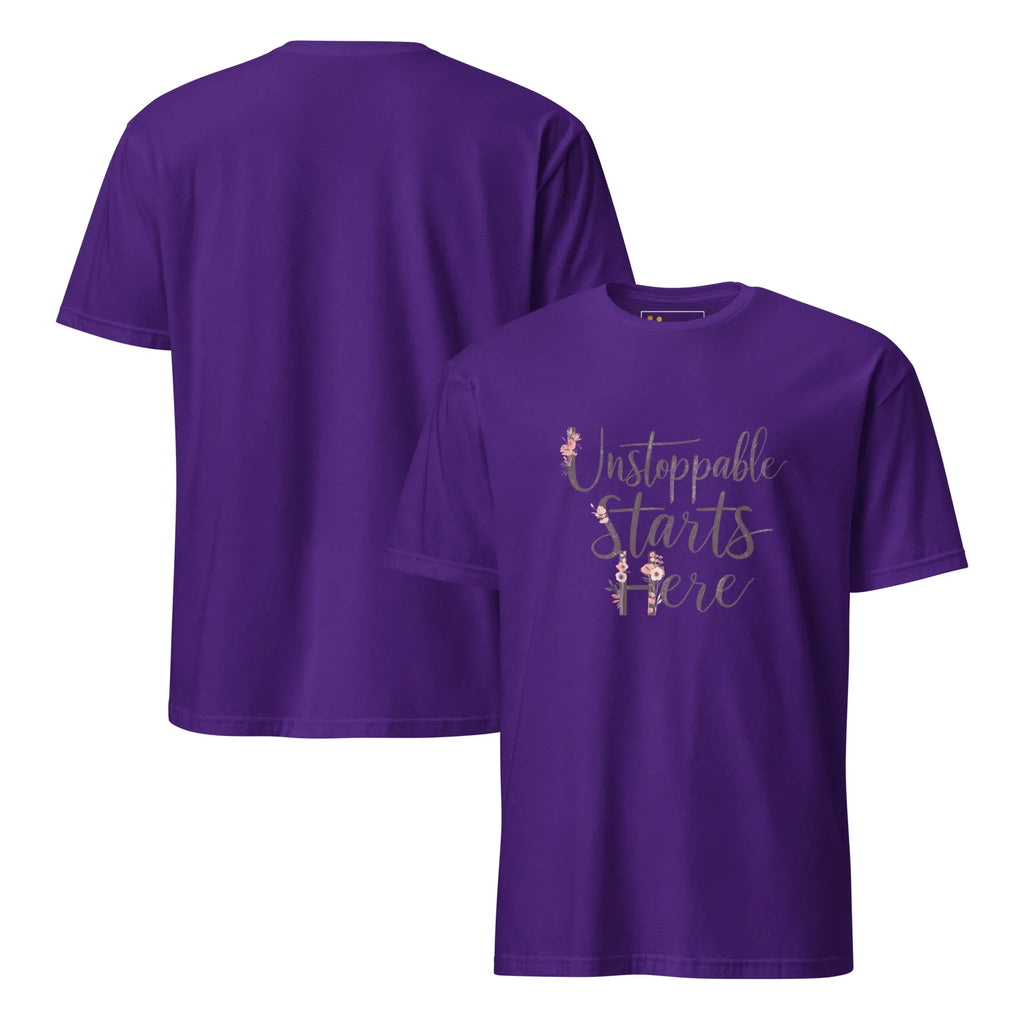 Short-Sleeve Women's T-Shirt | Unstoppablr Starts Here T-Shirt AwRans Clothing unisex-basic-softstyle-t-shirt-purple-front-and-back-67b00c0175e13