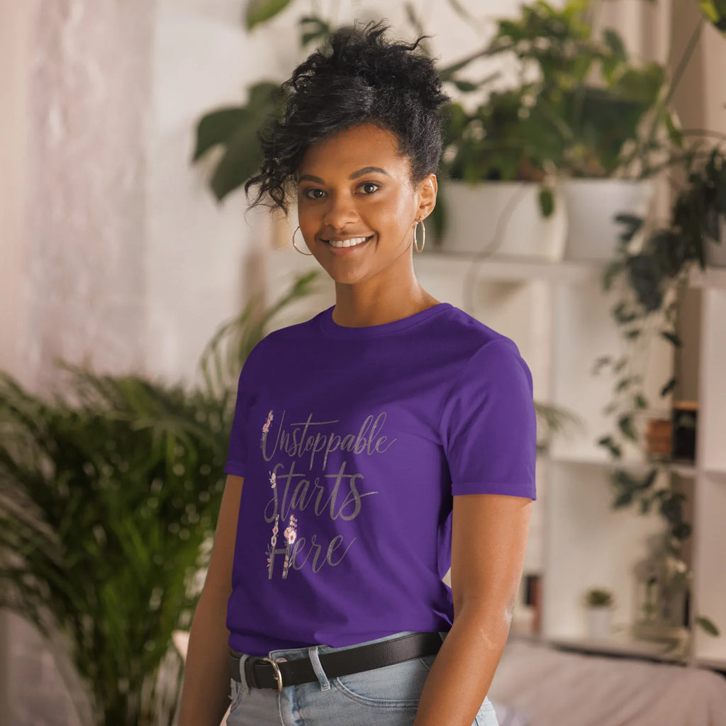 Short-Sleeve Women's T-Shirt | Unstoppablr Starts Here T-Shirt AwRans Clothing unisex-basic-softstyle-t-shirt-purple-left-front-67b00c01e8b58