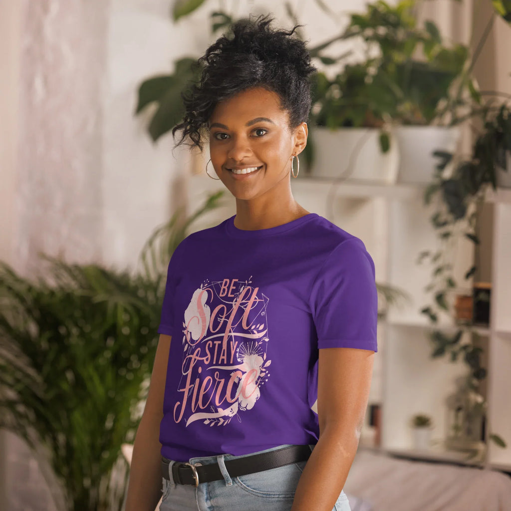 Short-Sleeve Women's T-Shirt | Be Soft Stay Fierce T-Shirt AwRans Clothing unisex-basic-softstyle-t-shirt-purple-left-front-67b059d72f30f