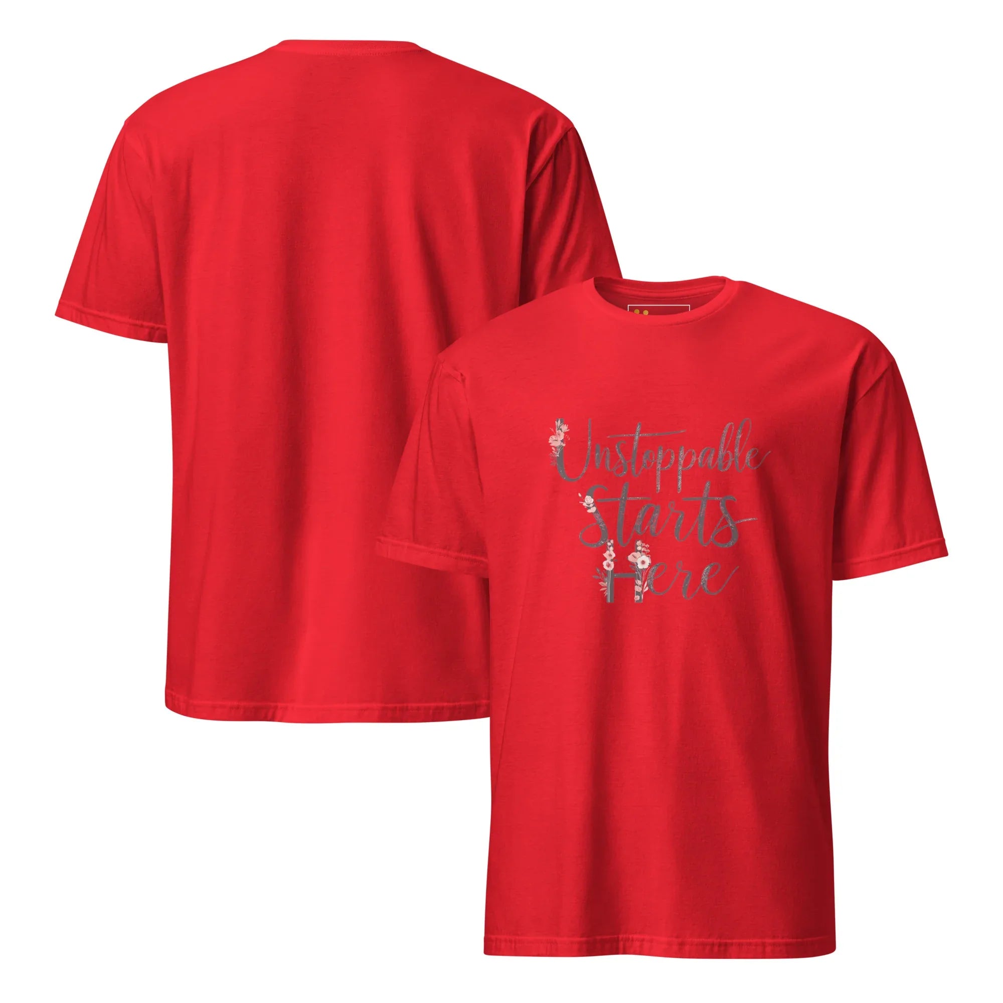 Short-Sleeve Women's T-Shirt | Unstoppablr Starts Here T-Shirt AwRans Clothing unisex-basic-softstyle-t-shirt-red-front-and-back-67b00c01819c3