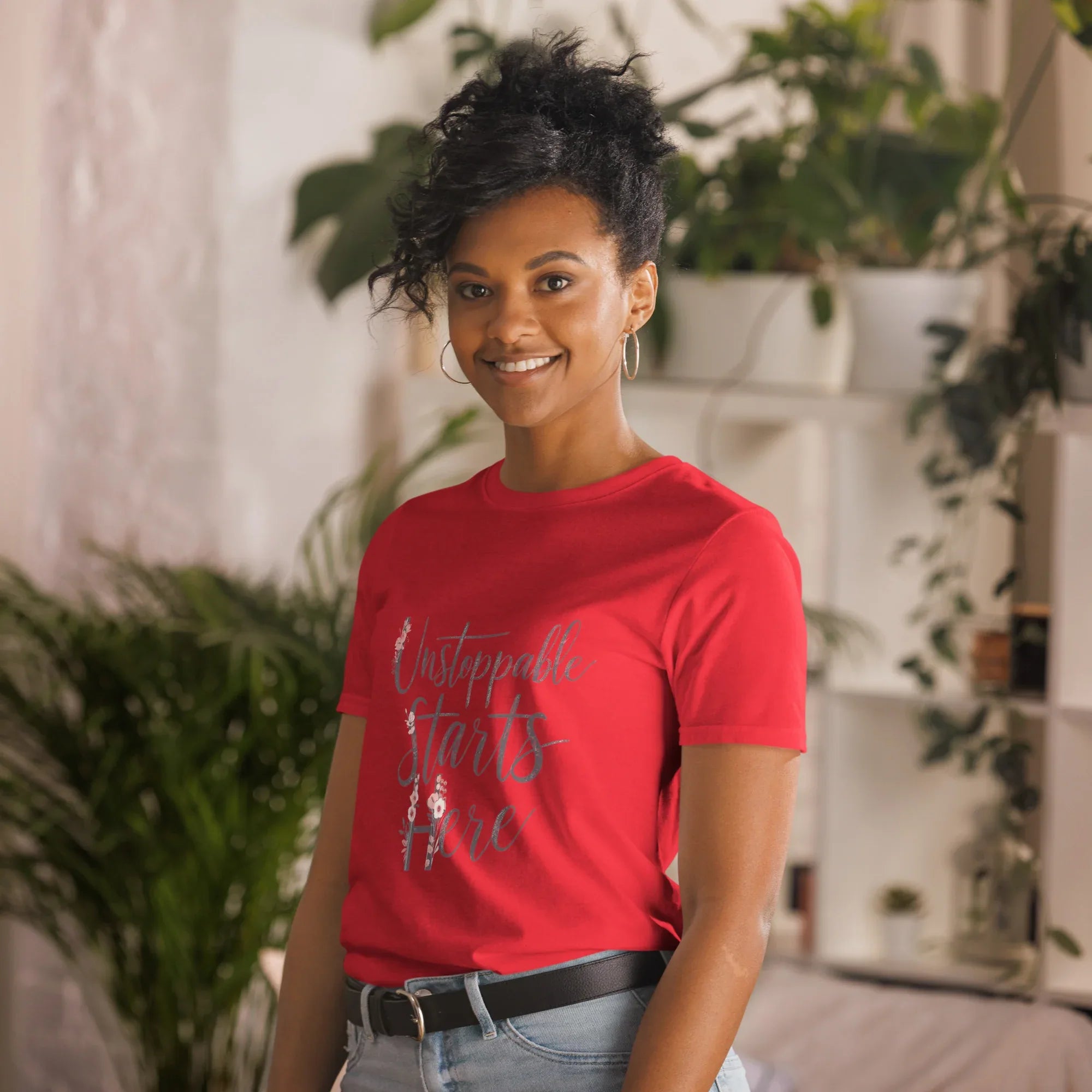 Short-Sleeve Women's T-Shirt | Unstoppablr Starts Here T-Shirt AwRans Clothing unisex-basic-softstyle-t-shirt-red-left-front-67b00c020a344