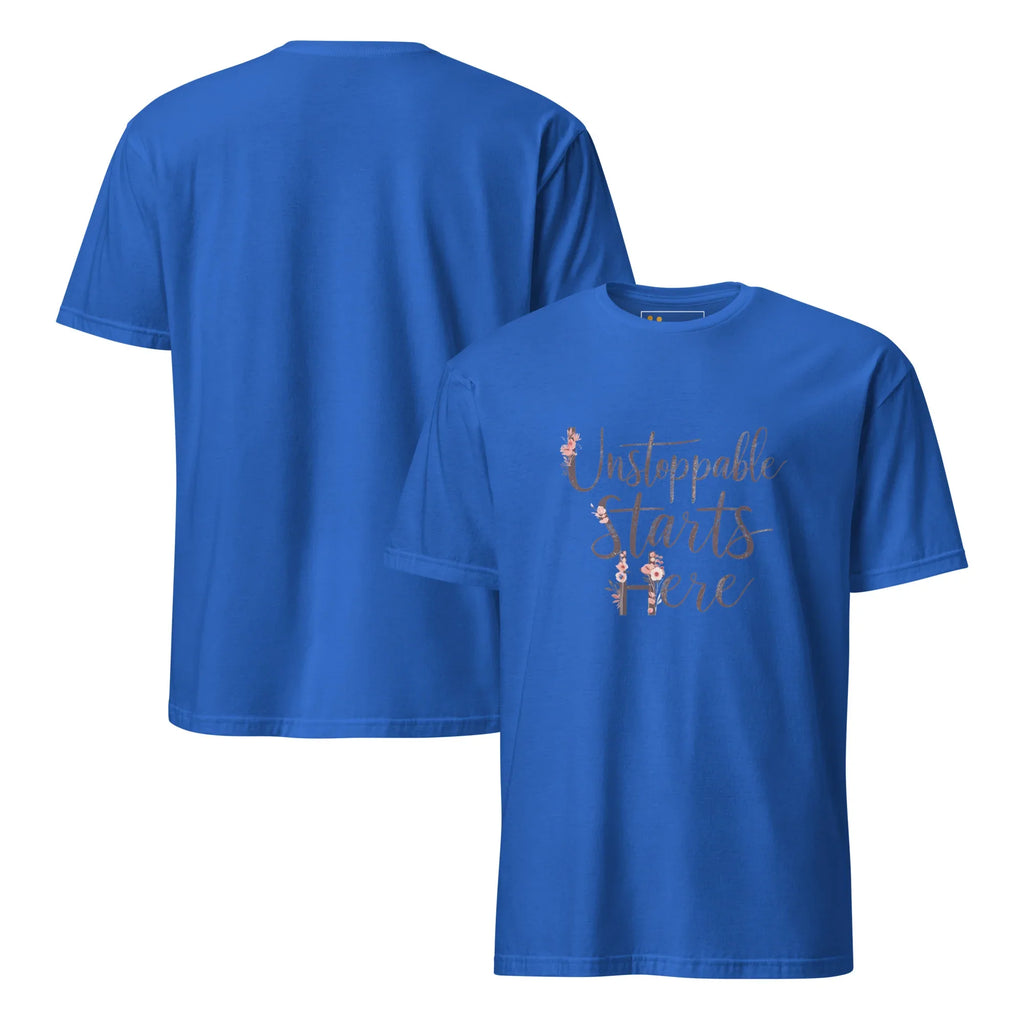 Short-Sleeve Women's T-Shirt | Unstoppablr Starts Here T-Shirt AwRans Clothing unisex-basic-softstyle-t-shirt-royal-front-and-back-67b00c0186b9b