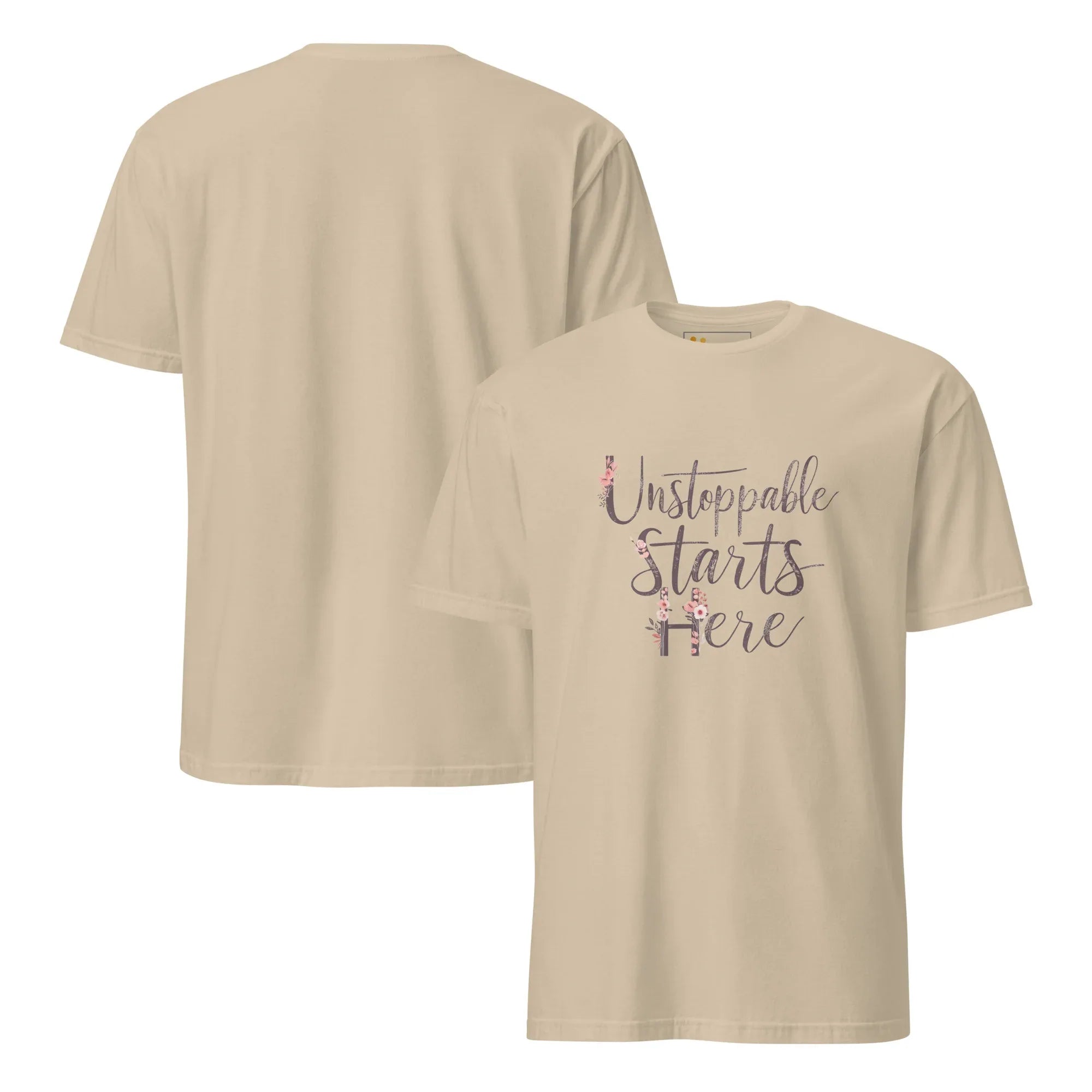 Short-Sleeve Women's T-Shirt | Unstoppablr Starts Here T-Shirt AwRans Clothing unisex-basic-softstyle-t-shirt-sand-front-and-back-67b00c01a3fda
