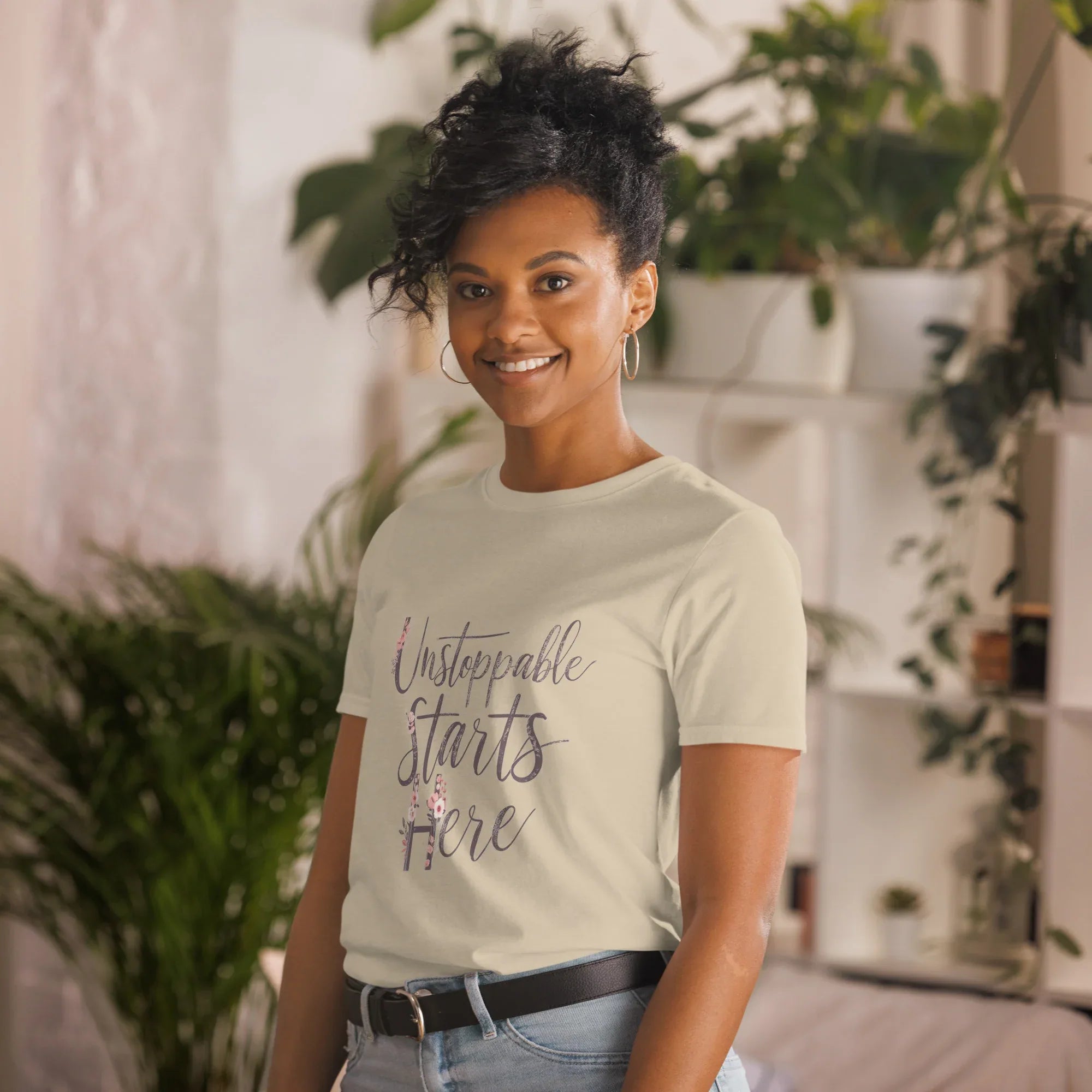 Short-Sleeve Women's T-Shirt | Unstoppablr Starts Here T-Shirt AwRans Clothing unisex-basic-softstyle-t-shirt-sand-left-front-67b00c0255a3d