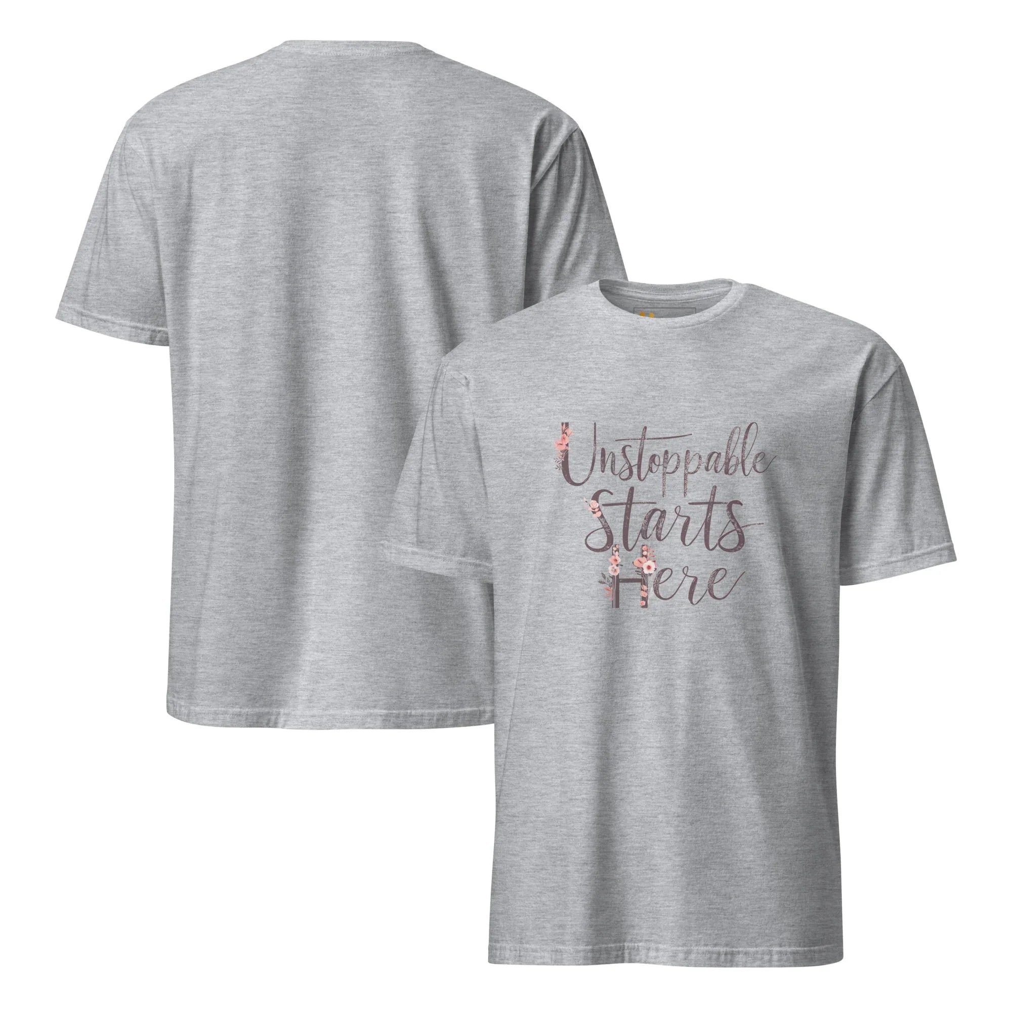 Short-Sleeve Women's T-Shirt | Unstoppablr Starts Here T-Shirt AwRans Clothing unisex-basic-softstyle-t-shirt-sport-grey-front-and-back-67b00c01b6ddb