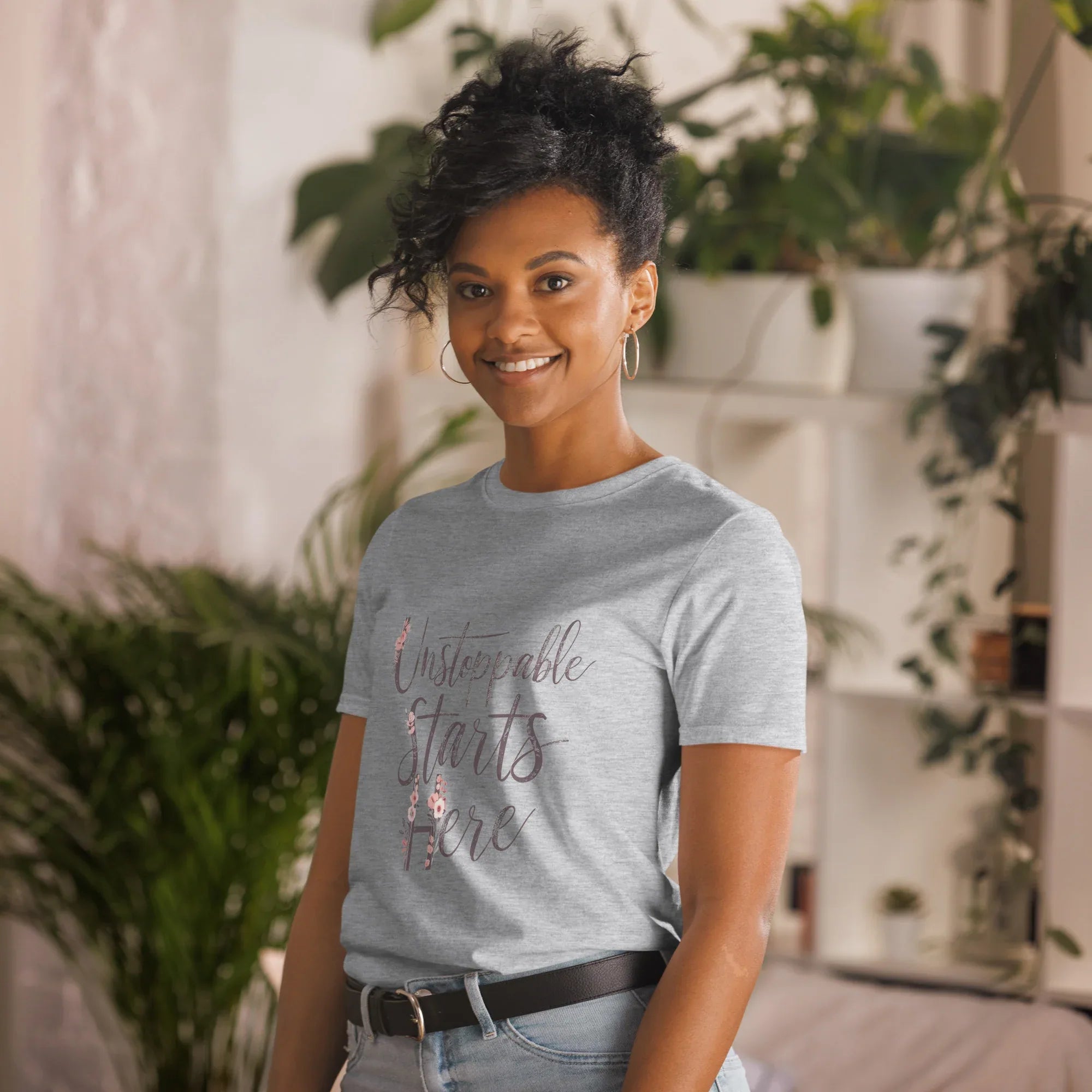 Short-Sleeve Women's T-Shirt | Unstoppablr Starts Here T-Shirt AwRans Clothing unisex-basic-softstyle-t-shirt-sport-grey-left-front-67b00c0284ee1