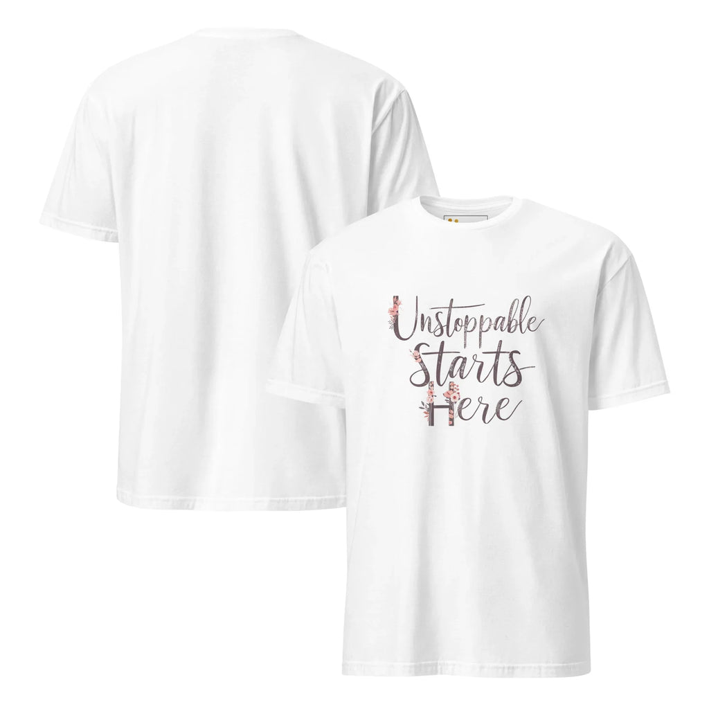 Short-Sleeve Women's T-Shirt | Unstoppablr Starts Here T-Shirt AwRans Clothing unisex-basic-softstyle-t-shirt-white-front-and-back-67b00c01d03d5