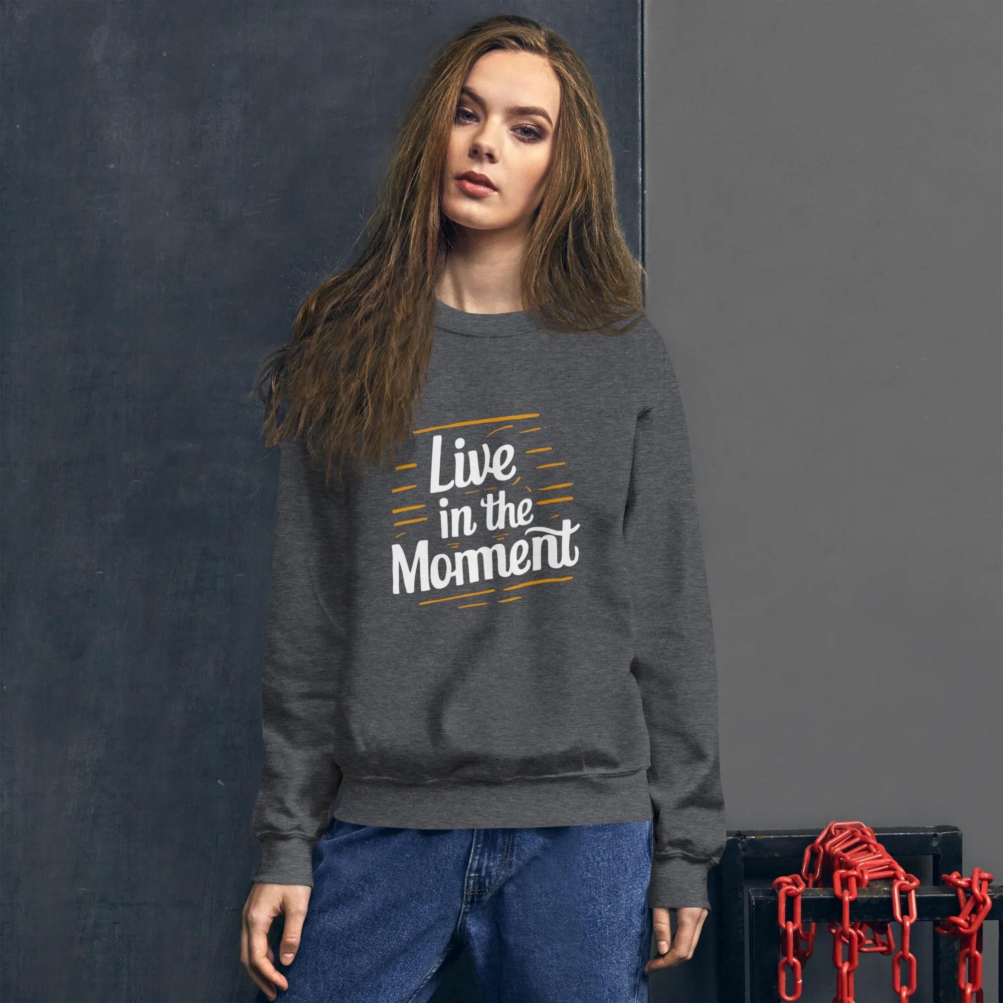 Unisex | Live In The Moment Sweatshirt Sweatshirt AwRans Clothing unisex-crew-neck-sweatshirt-dark-heather-front-67518c5742860