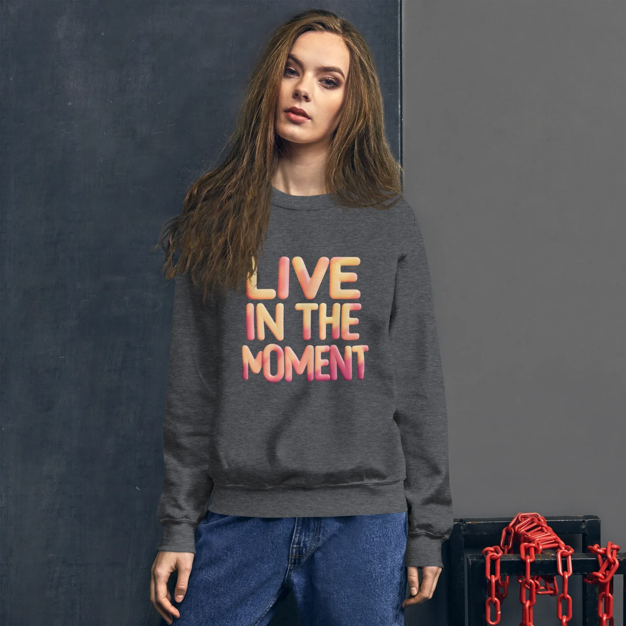 Unisex | Live In The Moment Sweatshirt Sweatshirt AwRans Clothing unisex-crew-neck-sweatshirt-dark-heather-front-675191017a907