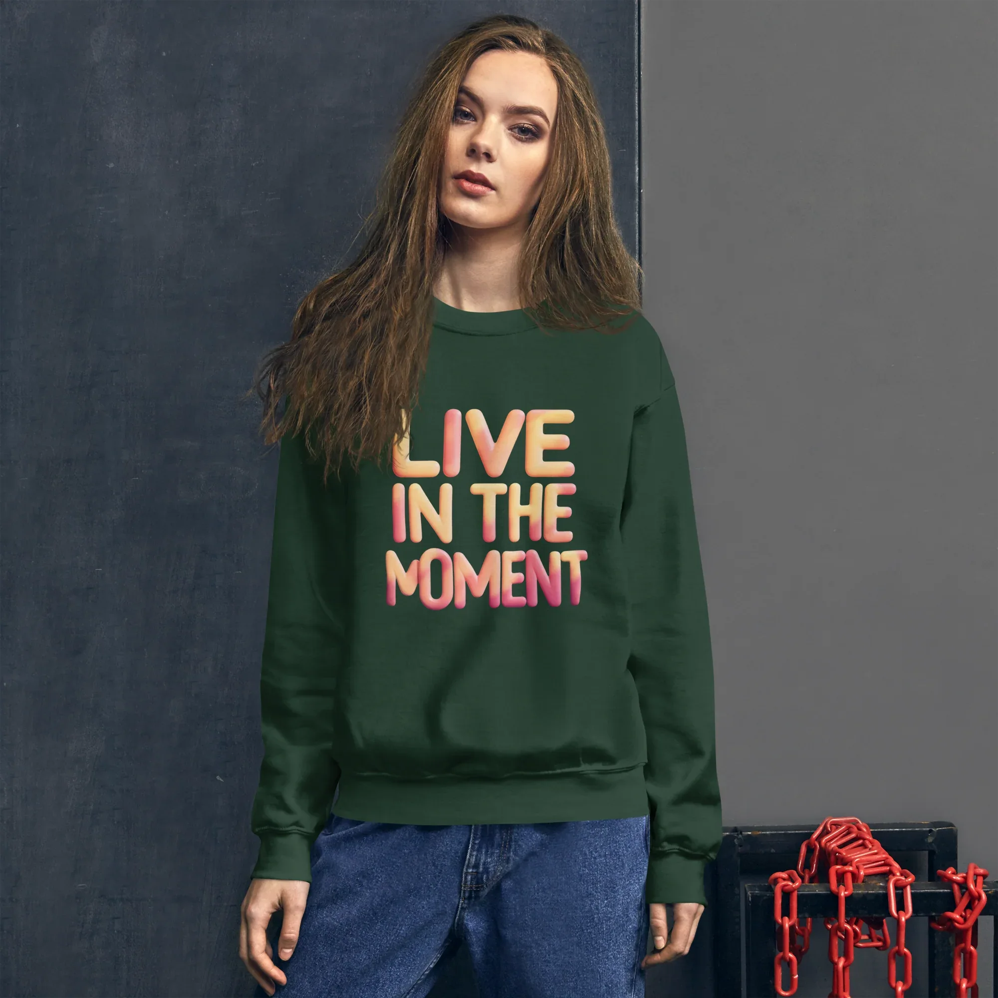 Unisex | Live In The Moment Sweatshirt Sweatshirt AwRans Clothing unisex-crew-neck-sweatshirt-forest-green-front-6751910140a90