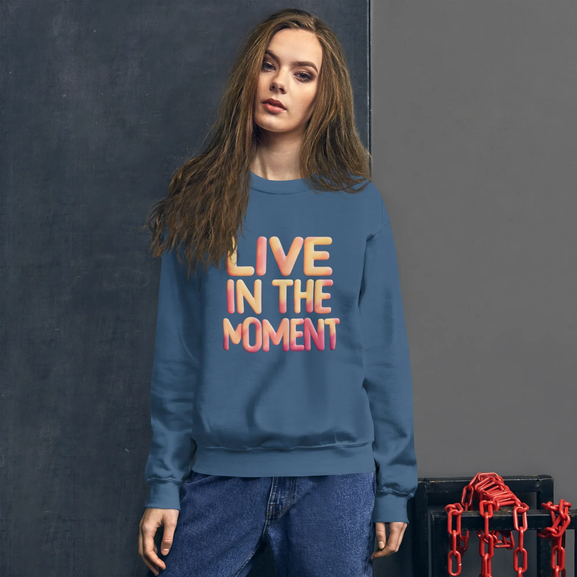Unisex | Live In The Moment Sweatshirt Sweatshirt AwRans Clothing unisex-crew-neck-sweatshirt-indigo-blue-front-67519101d42a1