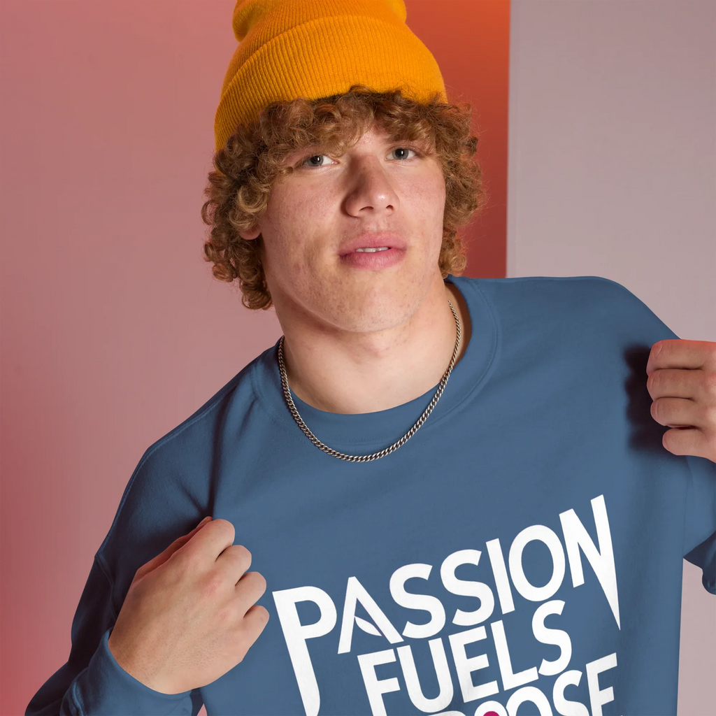 Unisex | Passion Fuels Purpose - Sweatshirt Sweatshirt AwRans Clothing unisex-crew-neck-sweatshirt-indigo-blue-right-front-675196d45d594
