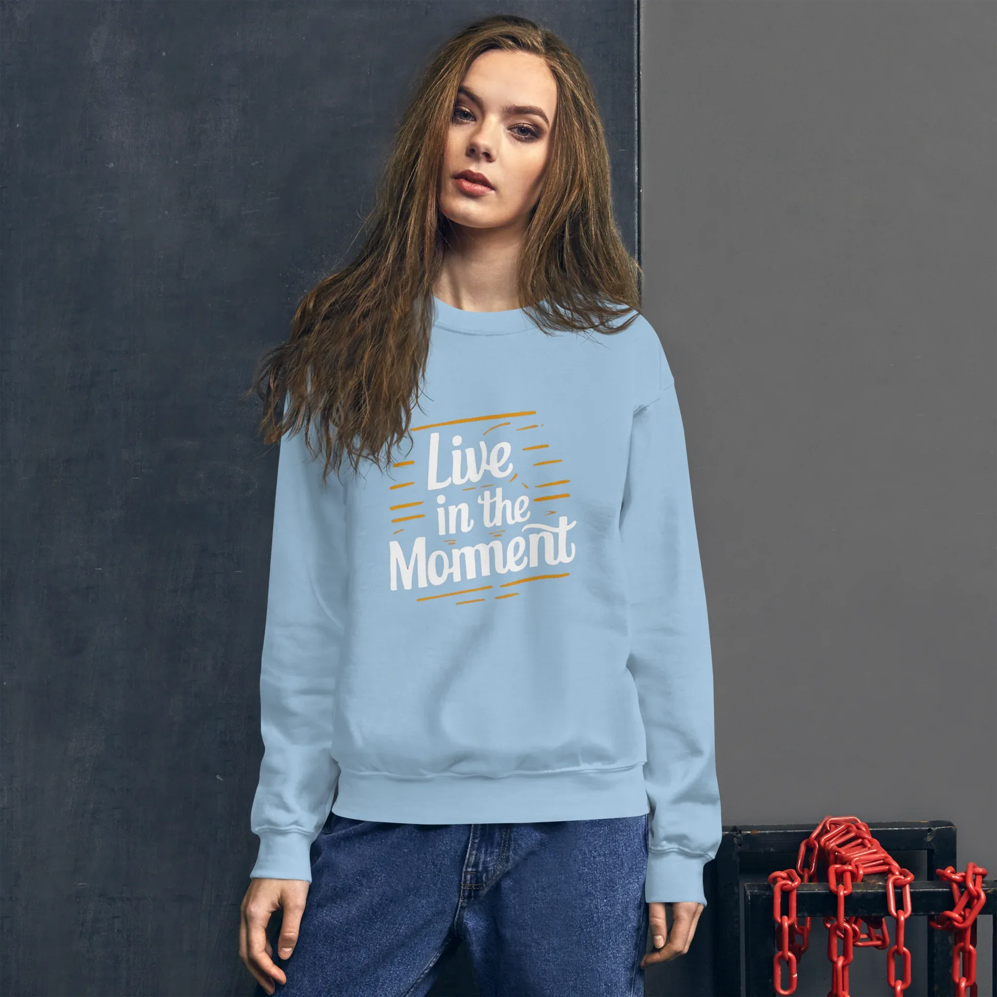 Unisex | Live In The Moment Sweatshirt Sweatshirt AwRans Clothing unisex-crew-neck-sweatshirt-light-blue-front-67518c5806fb4