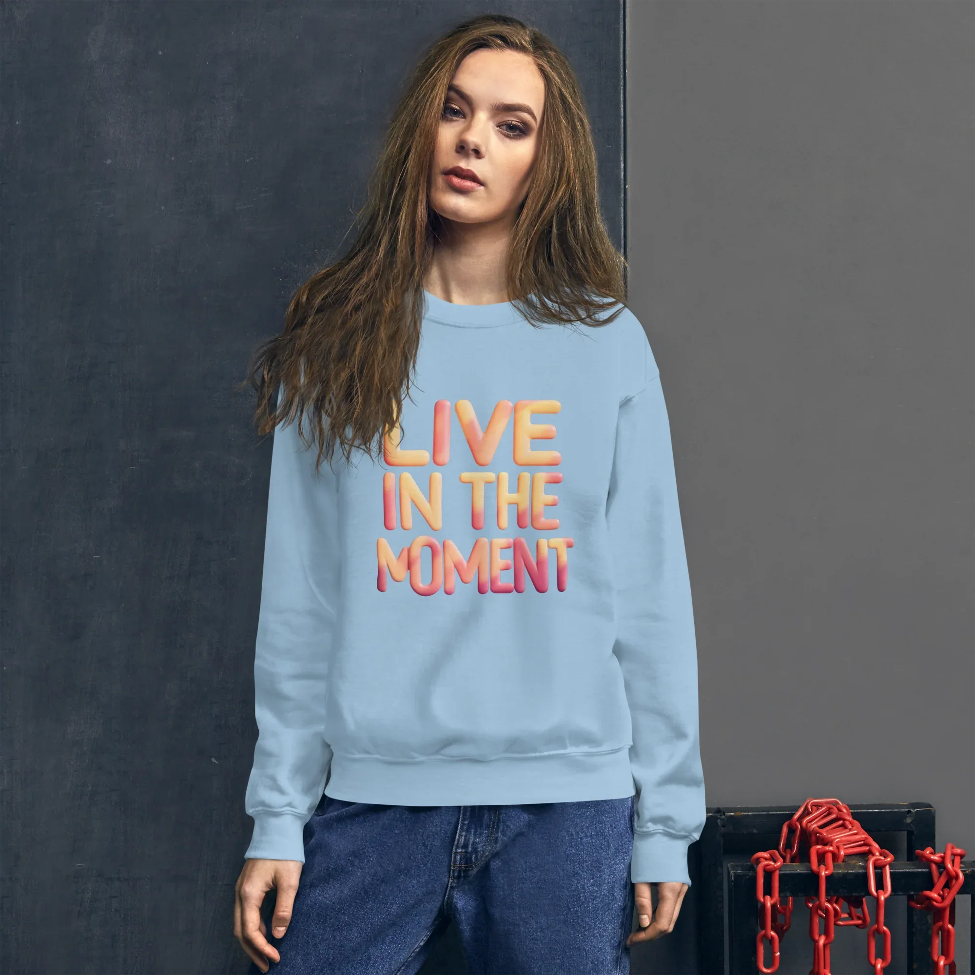 Unisex | Live In The Moment Sweatshirt Sweatshirt AwRans Clothing unisex-crew-neck-sweatshirt-light-blue-front-675191024811d