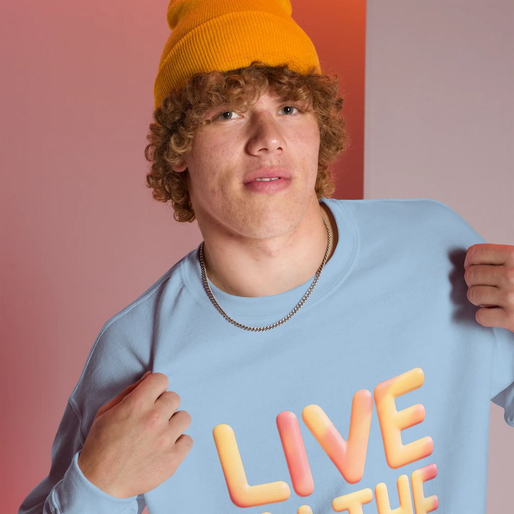 Unisex | Live In The Moment Sweatshirt Sweatshirt AwRans Clothing unisex-crew-neck-sweatshirt-light-blue-right-front-6751910264f06