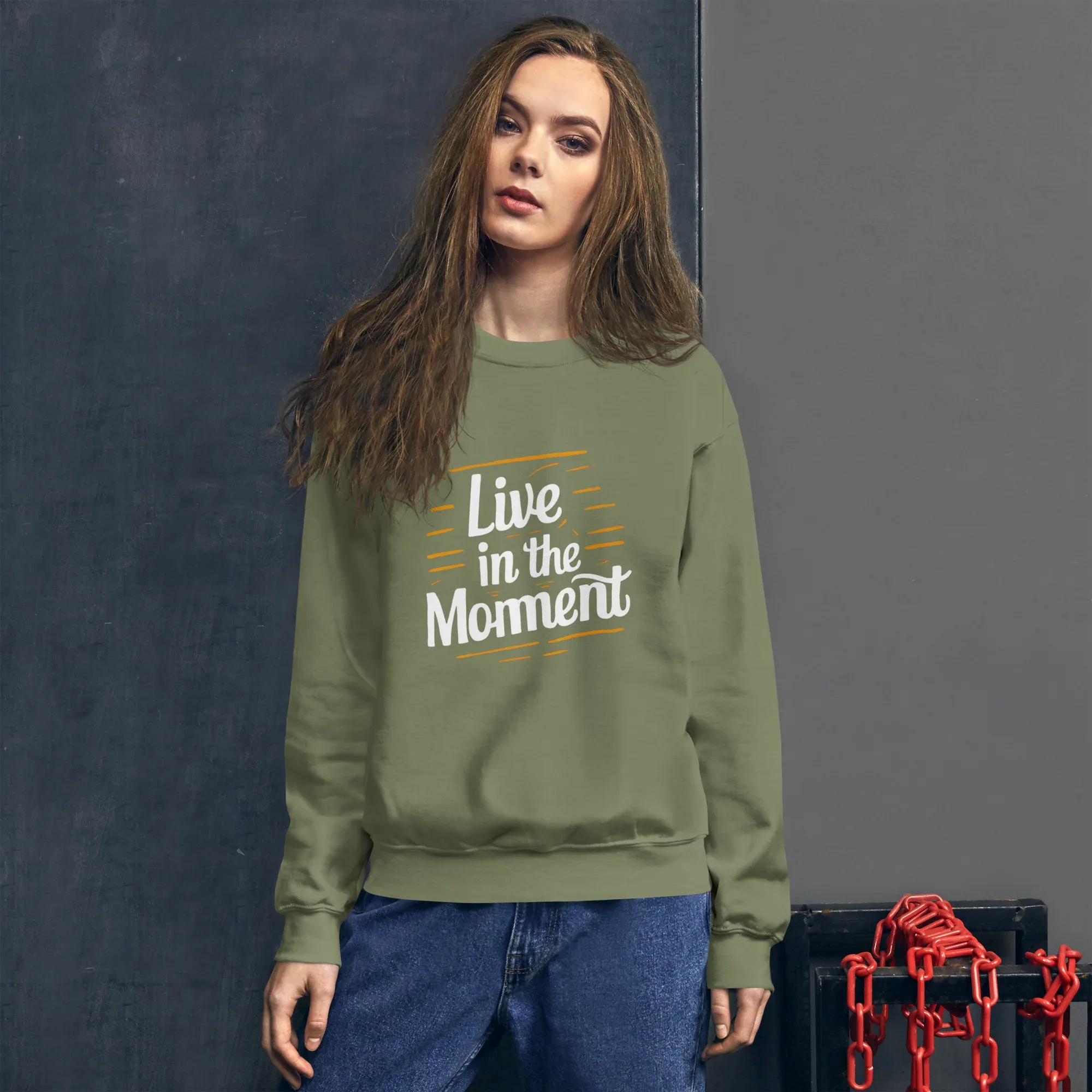 Unisex | Live In The Moment Sweatshirt Sweatshirt AwRans Clothing unisex-crew-neck-sweatshirt-military-green-front-67518c57bccfd_30c21c82-aae8-4a0d-be59-e71a27c7d55c