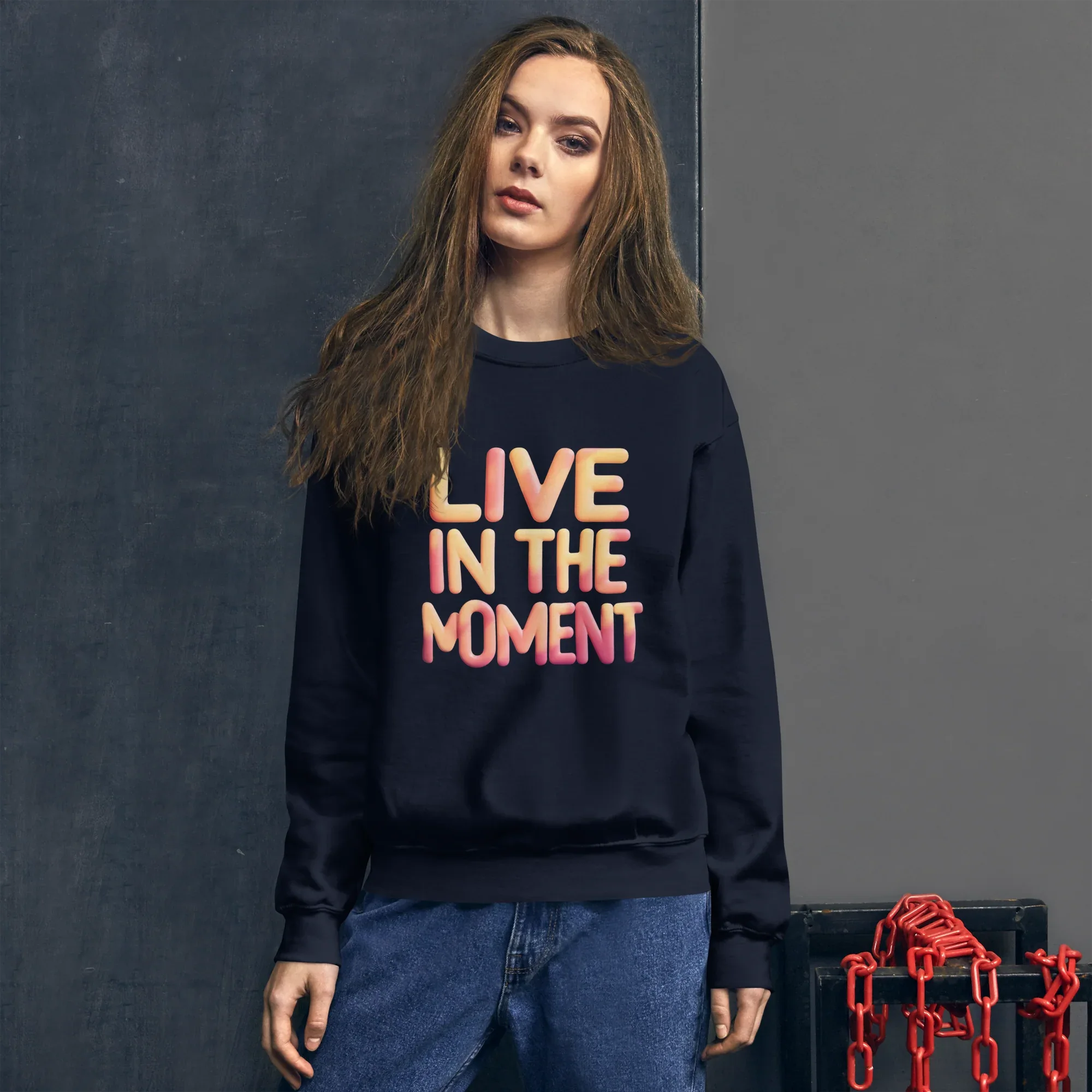 Unisex | Live In The Moment Sweatshirt Sweatshirt AwRans Clothing unisex-crew-neck-sweatshirt-navy-front-67519101266f3