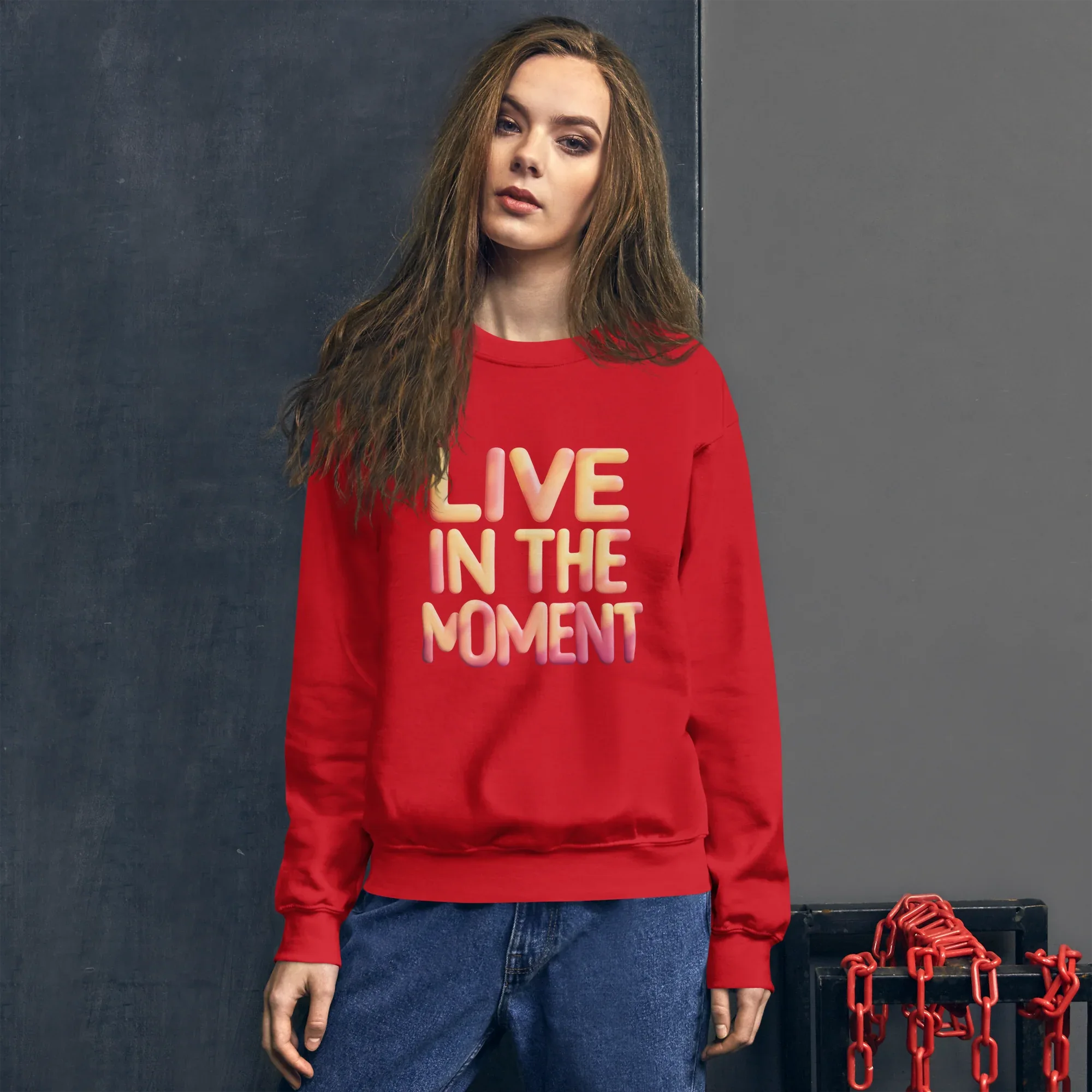 Unisex | Live In The Moment Sweatshirt Sweatshirt AwRans Clothing unisex-crew-neck-sweatshirt-red-front-675191015a83e