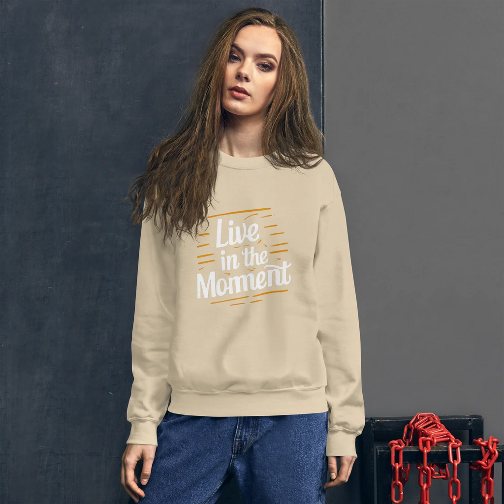 Unisex | Live In The Moment Sweatshirt Sweatshirt AwRans Clothing unisex-crew-neck-sweatshirt-sand-front-67518c5881aa6