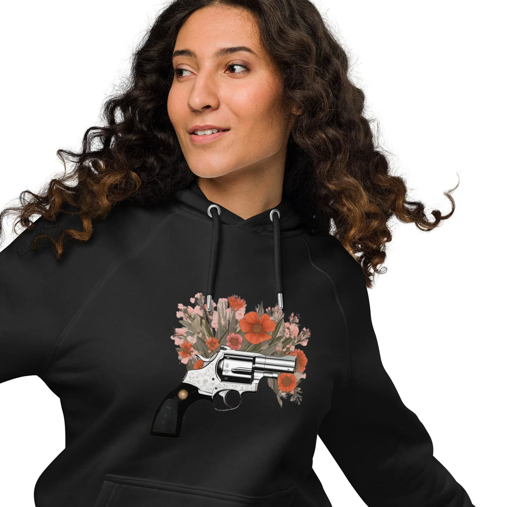 Unisex | Gun Flower Hoodie Hoodie AwRans Clothing unisex-eco-raglan-hoodie-black-front-2-65db756291ea9