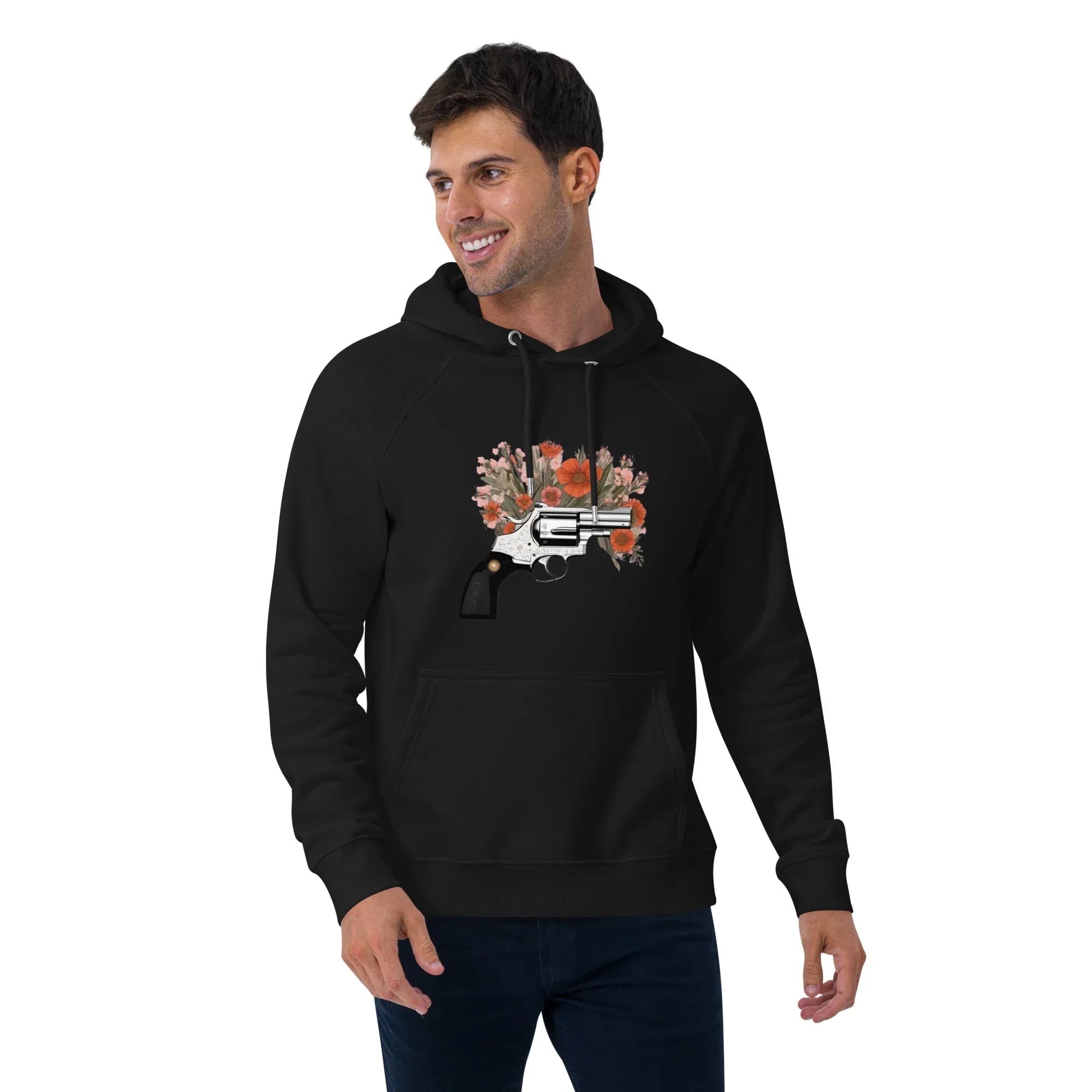 Unisex | Gun Flower Hoodie Hoodie AwRans Clothing unisex-eco-raglan-hoodie-black-front-2-65db7562a1274