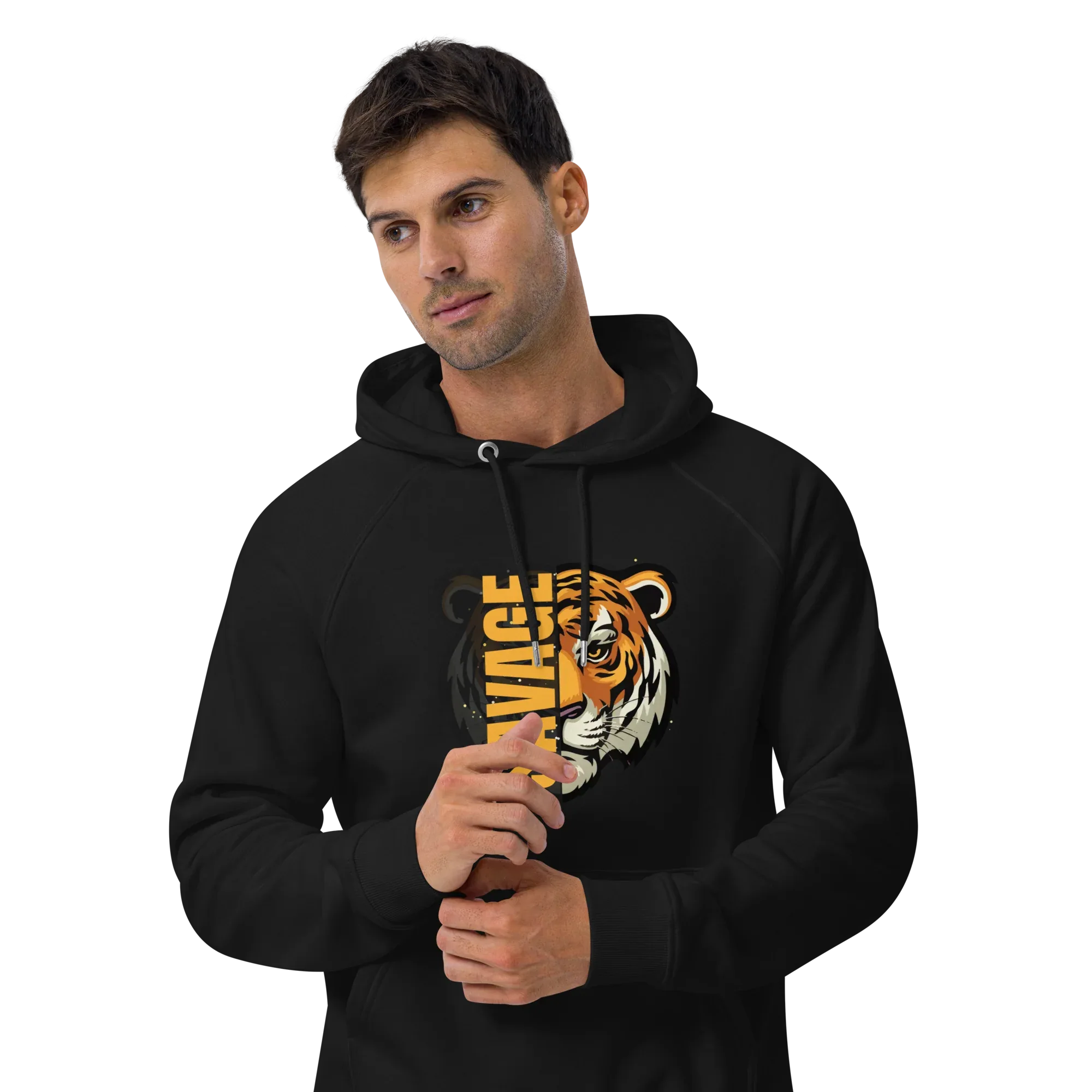 Unisex | Savage Tiger Raglan Hoodie Hoodie AwRans Clothing unisex-eco-raglan-hoodie-black-front-3-65db1250308ca
