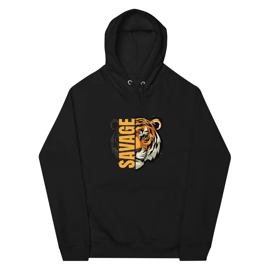 Unisex | Savage Tiger Raglan Hoodie Black Hoodie AwRans Clothing unisex-eco-raglan-hoodie-black-front-65db12502f323
