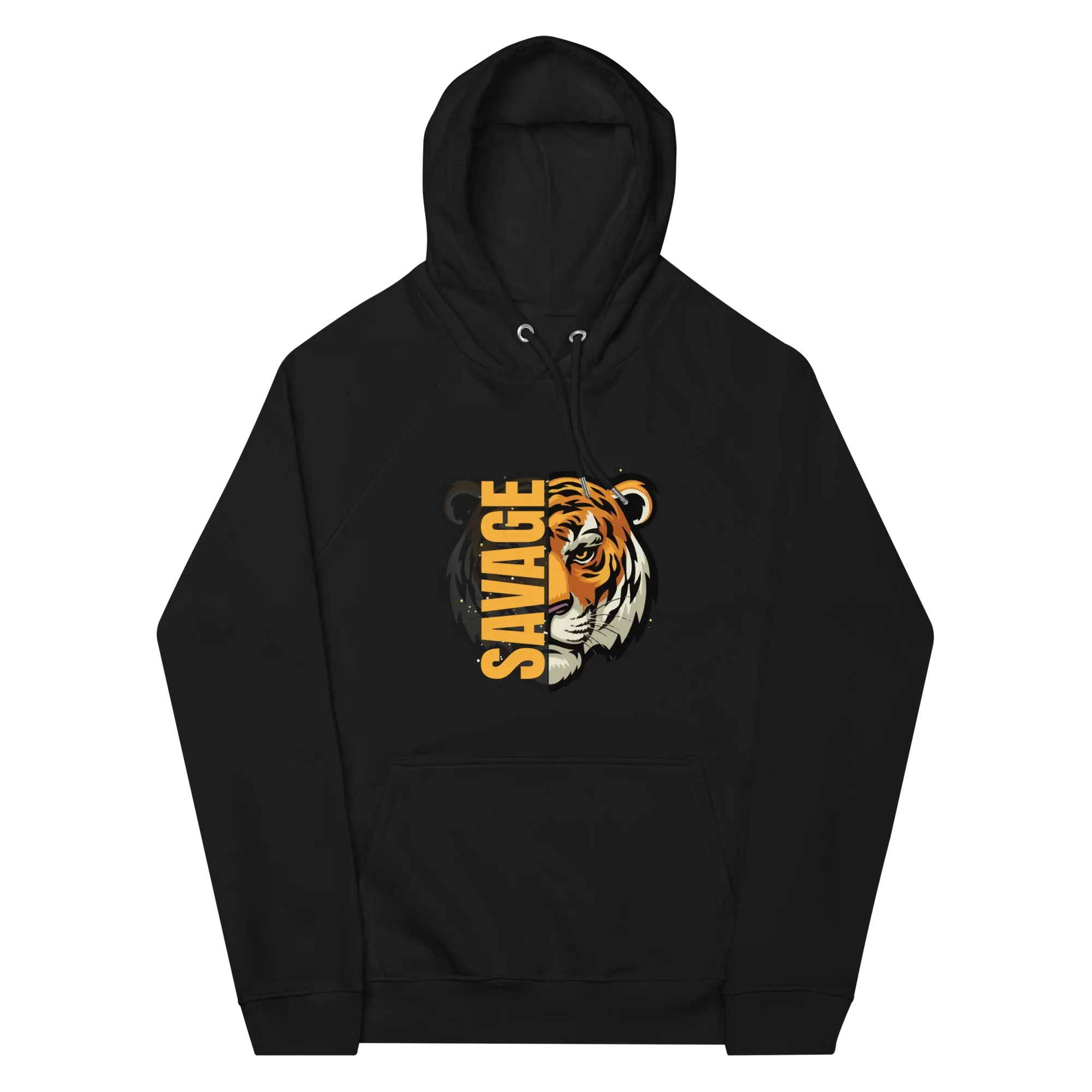 Unisex | Savage Tiger Raglan Hoodie Black Hoodie AwRans Clothing unisex-eco-raglan-hoodie-black-front-65db12502f323