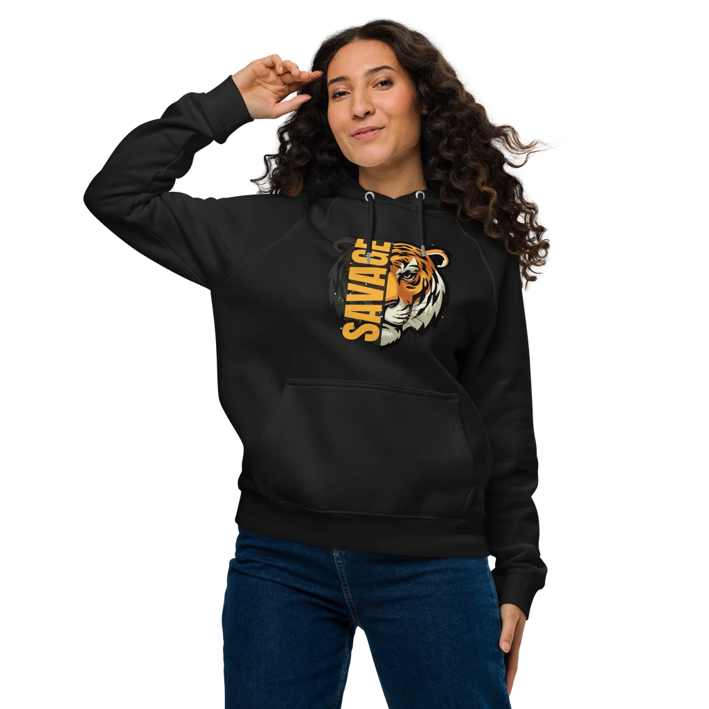 Unisex | Savage Tiger Raglan Hoodie Hoodie AwRans Clothing unisex-eco-raglan-hoodie-black-front-65db125030ac5