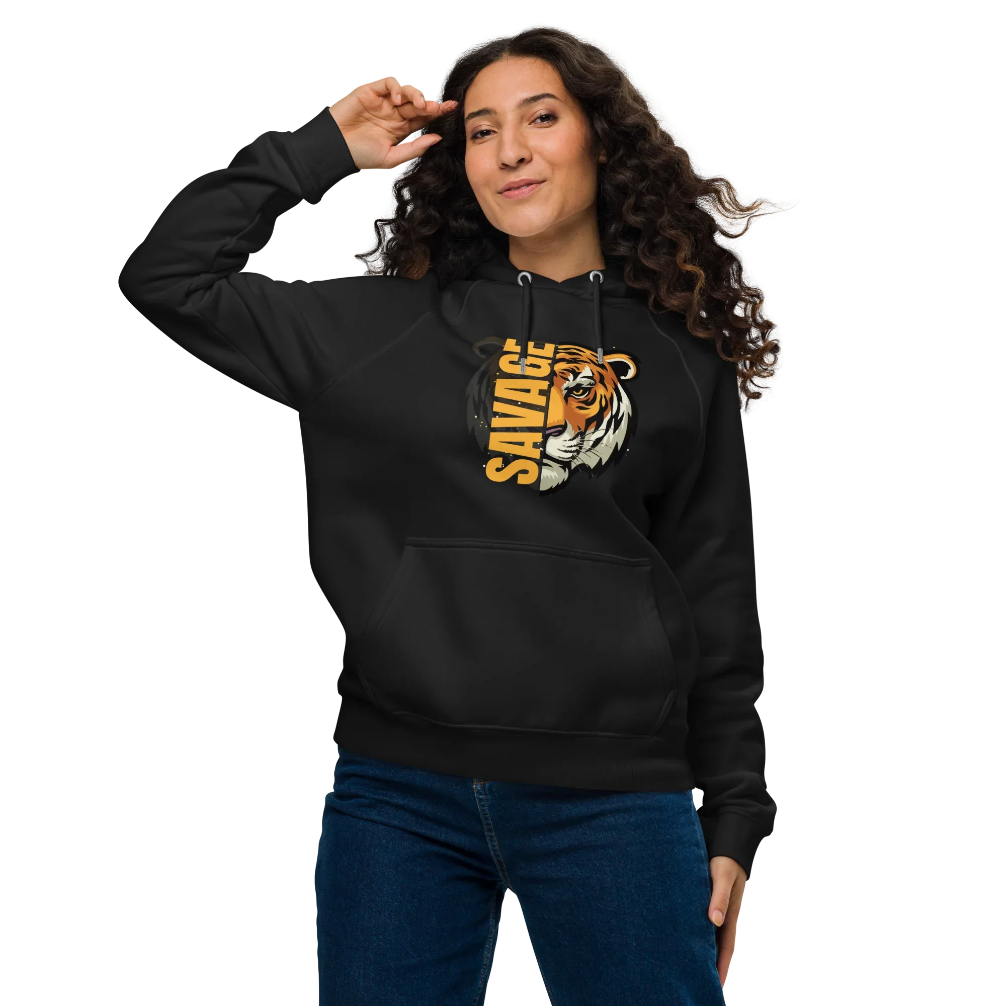 Unisex | Savage Tiger Raglan Hoodie Hoodie AwRans Clothing unisex-eco-raglan-hoodie-black-front-65db125030ac5