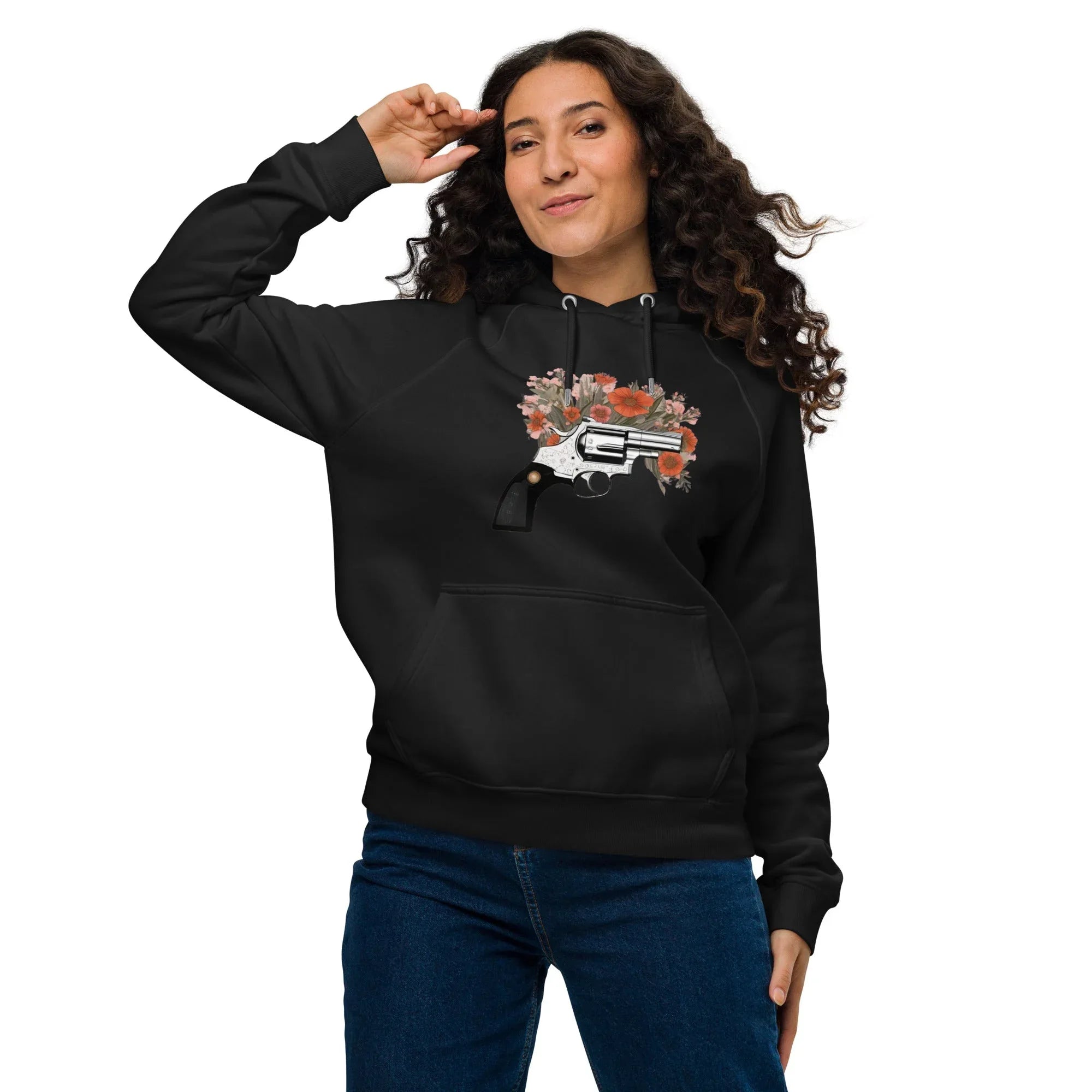 Unisex | Gun Flower Hoodie Hoodie AwRans Clothing unisex-eco-raglan-hoodie-black-front-65db75629234f