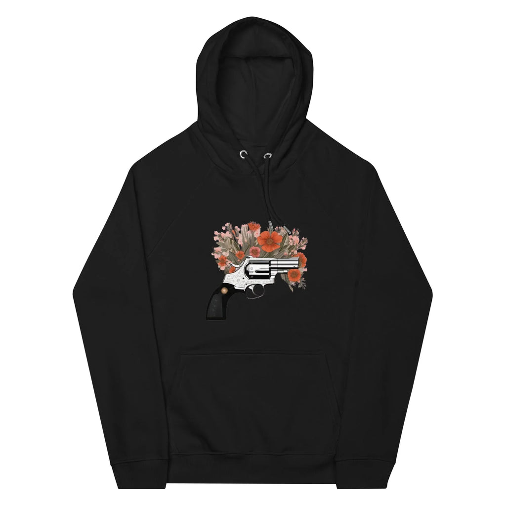 Unisex | Gun Flower Hoodie Hoodie AwRans Clothing unisex-eco-raglan-hoodie-black-front-65db75629254b