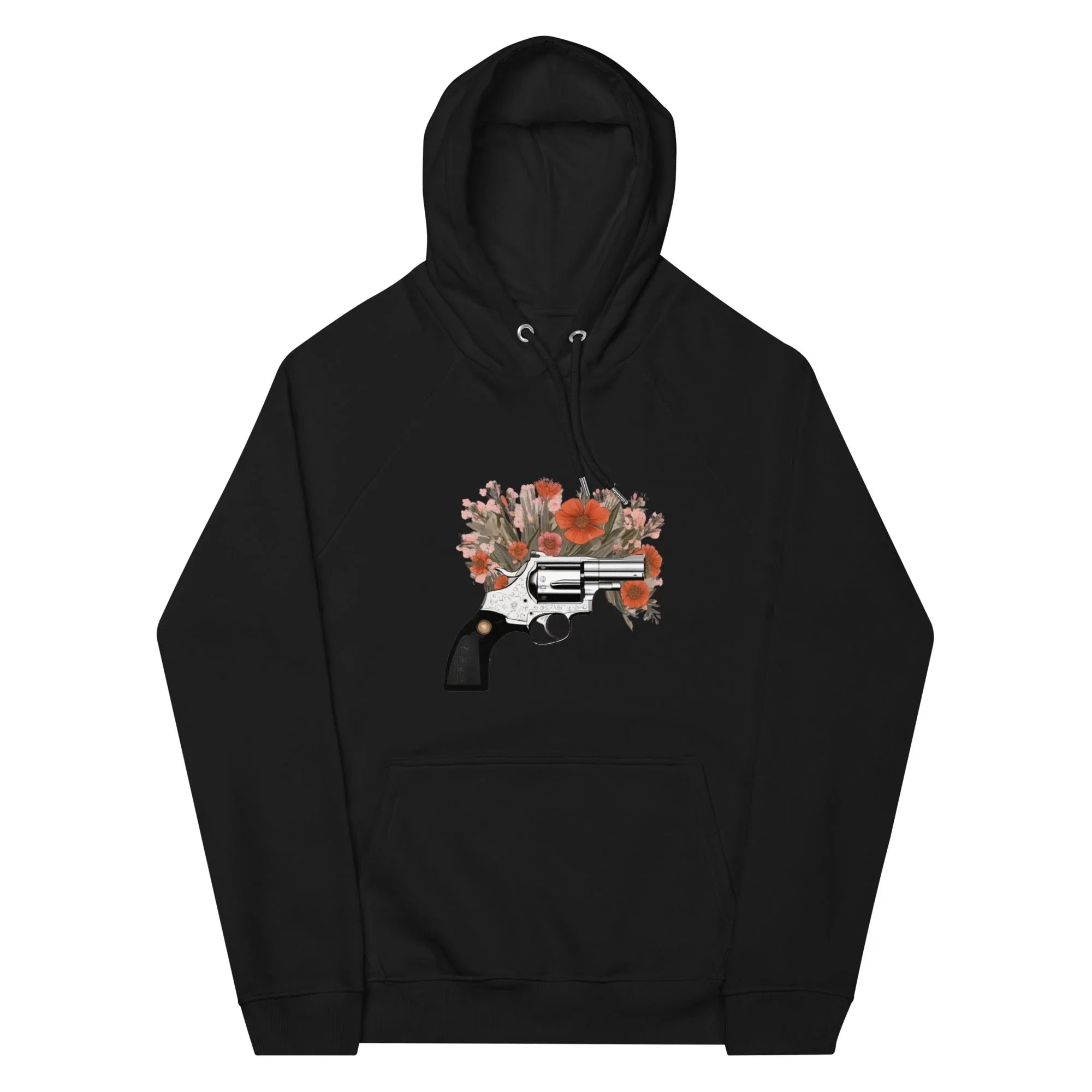 Unisex | Gun Flower Hoodie Hoodie AwRans Clothing unisex-eco-raglan-hoodie-black-front-65db75629254b