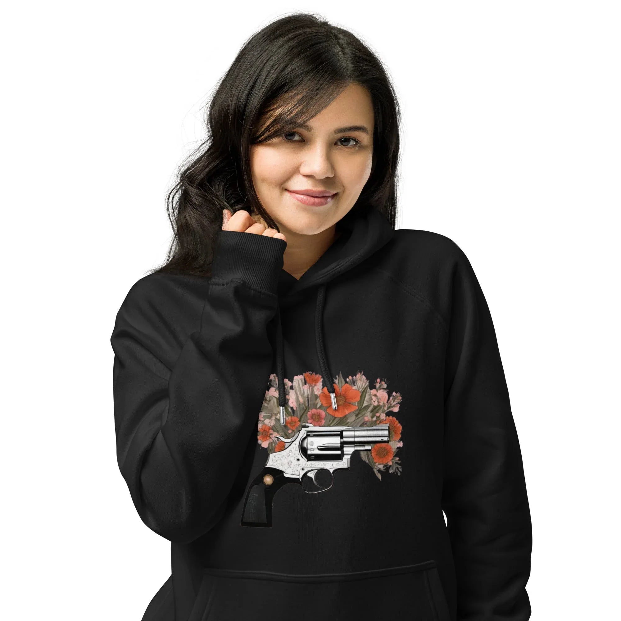 Unisex | Gun Flower Hoodie Hoodie AwRans Clothing unisex-eco-raglan-hoodie-black-front-65db75629d940