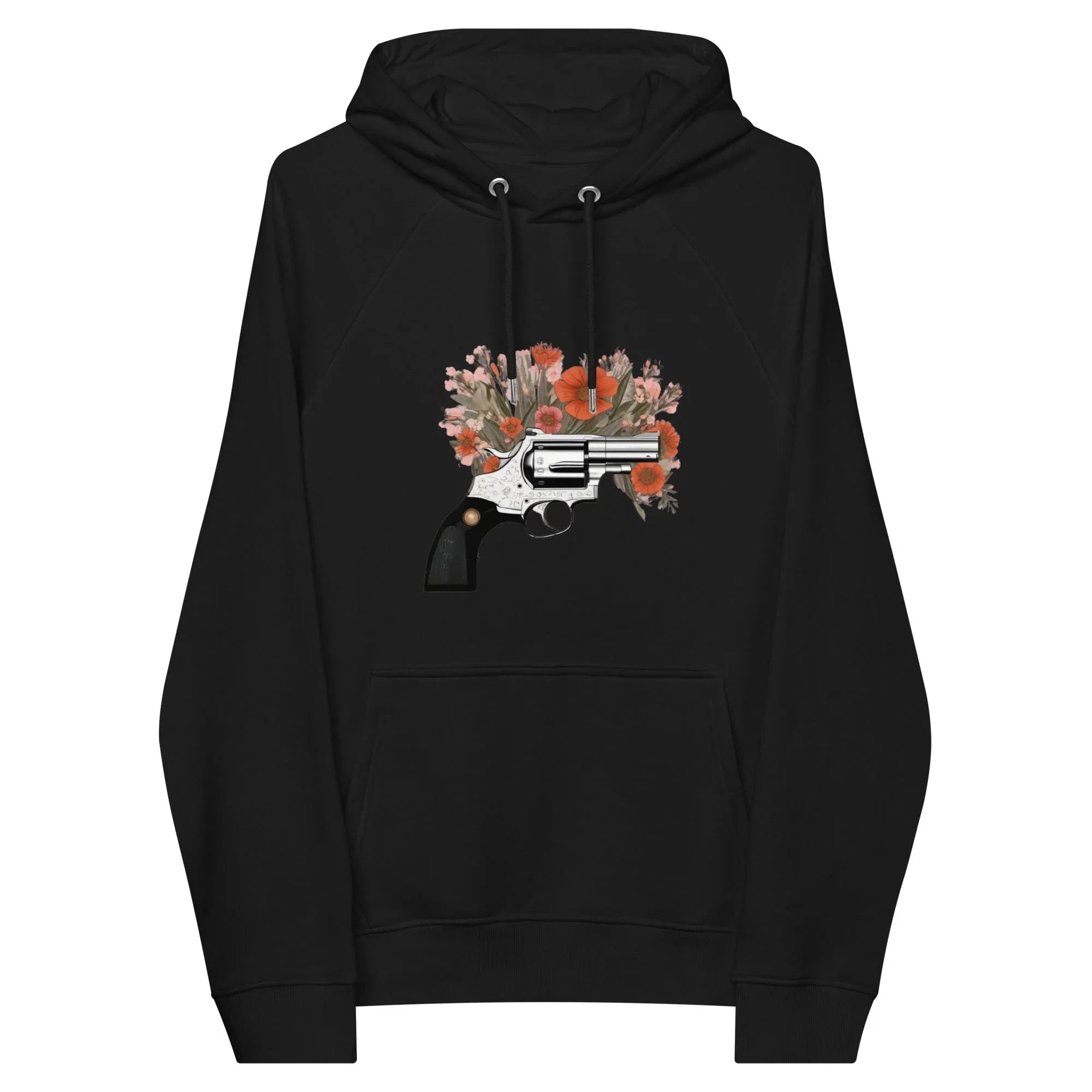 Unisex | Gun Flower Hoodie Hoodie AwRans Clothing unisex-eco-raglan-hoodie-black-front-65db7562a0fb5