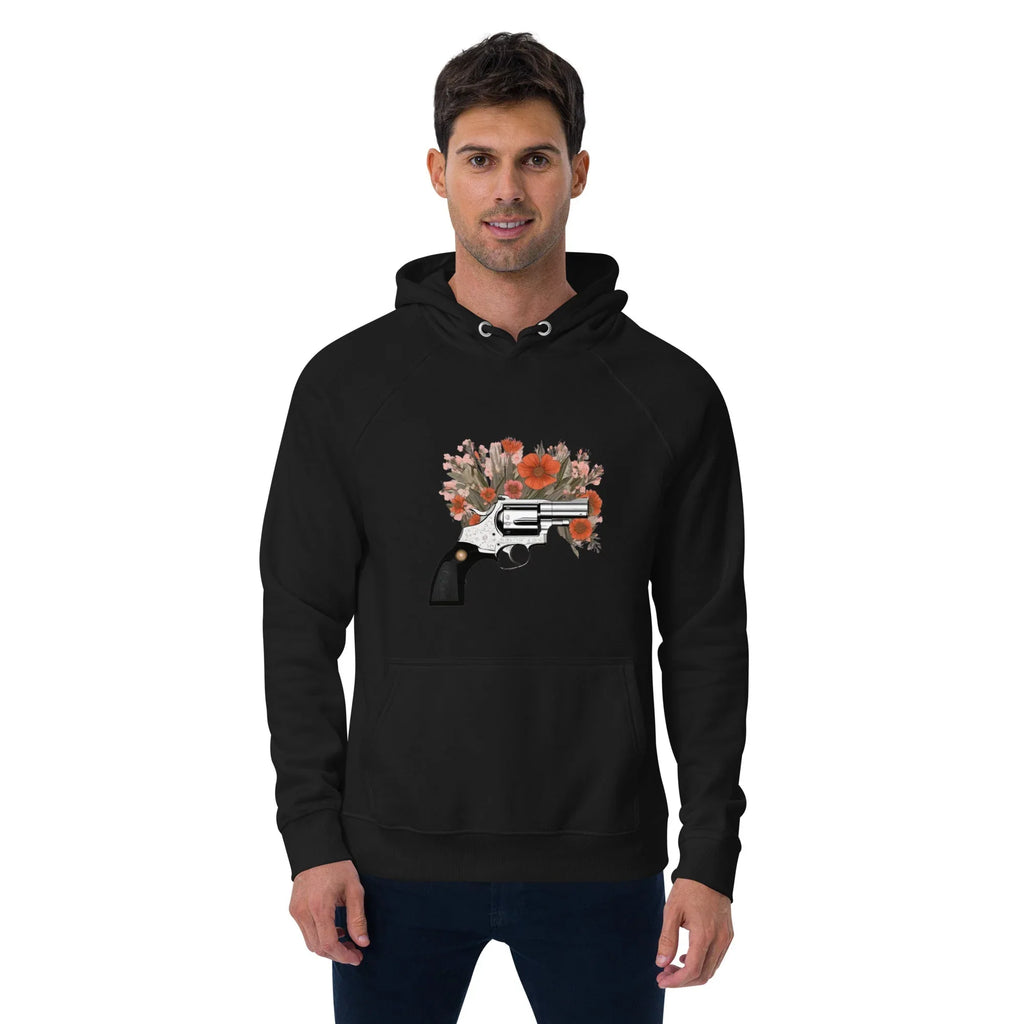 Unisex | Gun Flower Hoodie Black Hoodie AwRans Clothing unisex-eco-raglan-hoodie-black-front-65db7562a113b