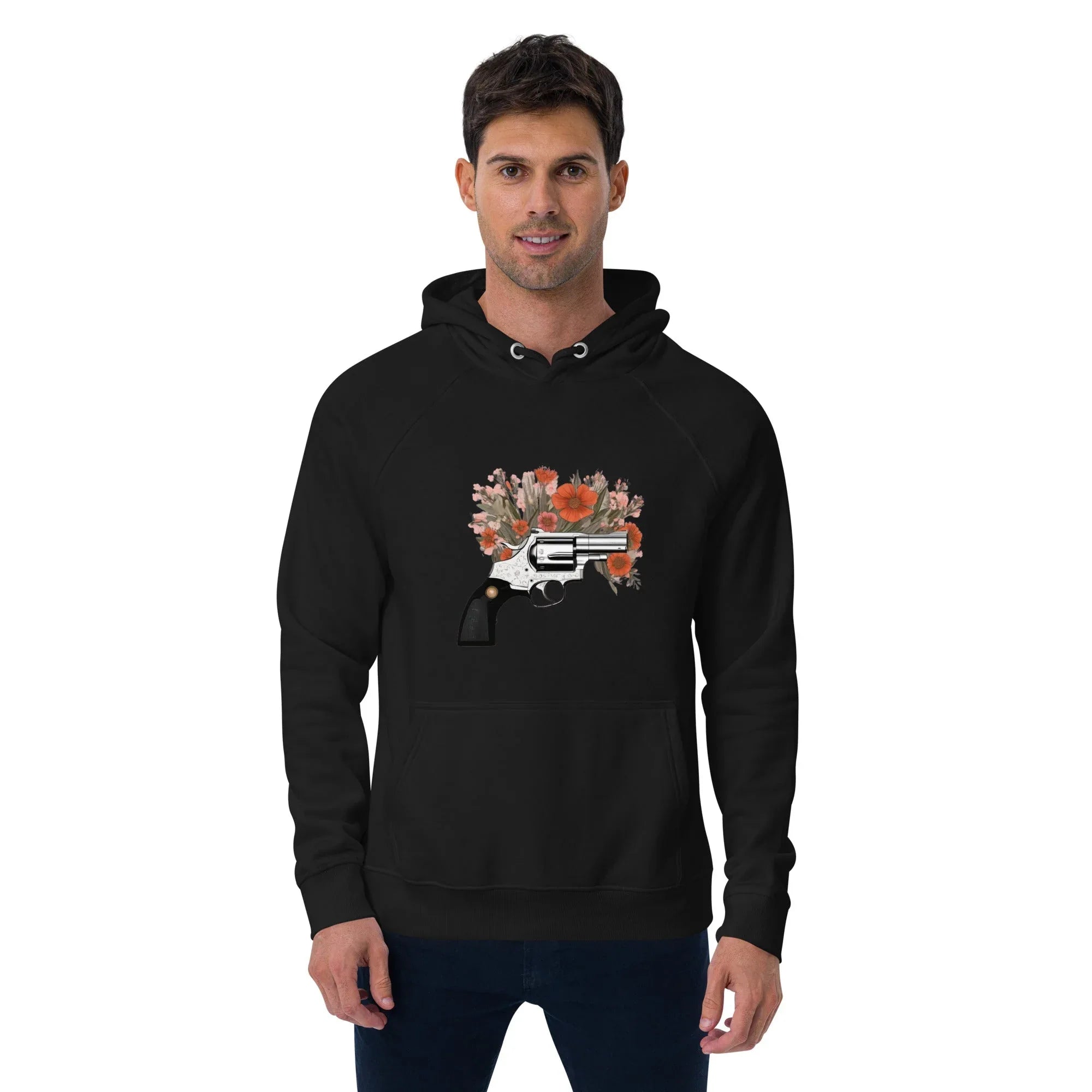 Unisex | Gun Flower Hoodie Black Hoodie AwRans Clothing unisex-eco-raglan-hoodie-black-front-65db7562a113b