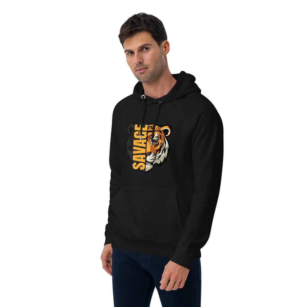 Unisex | Savage Tiger Raglan Hoodie Hoodie AwRans Clothing unisex-eco-raglan-hoodie-black-left-front-65db1250317a5