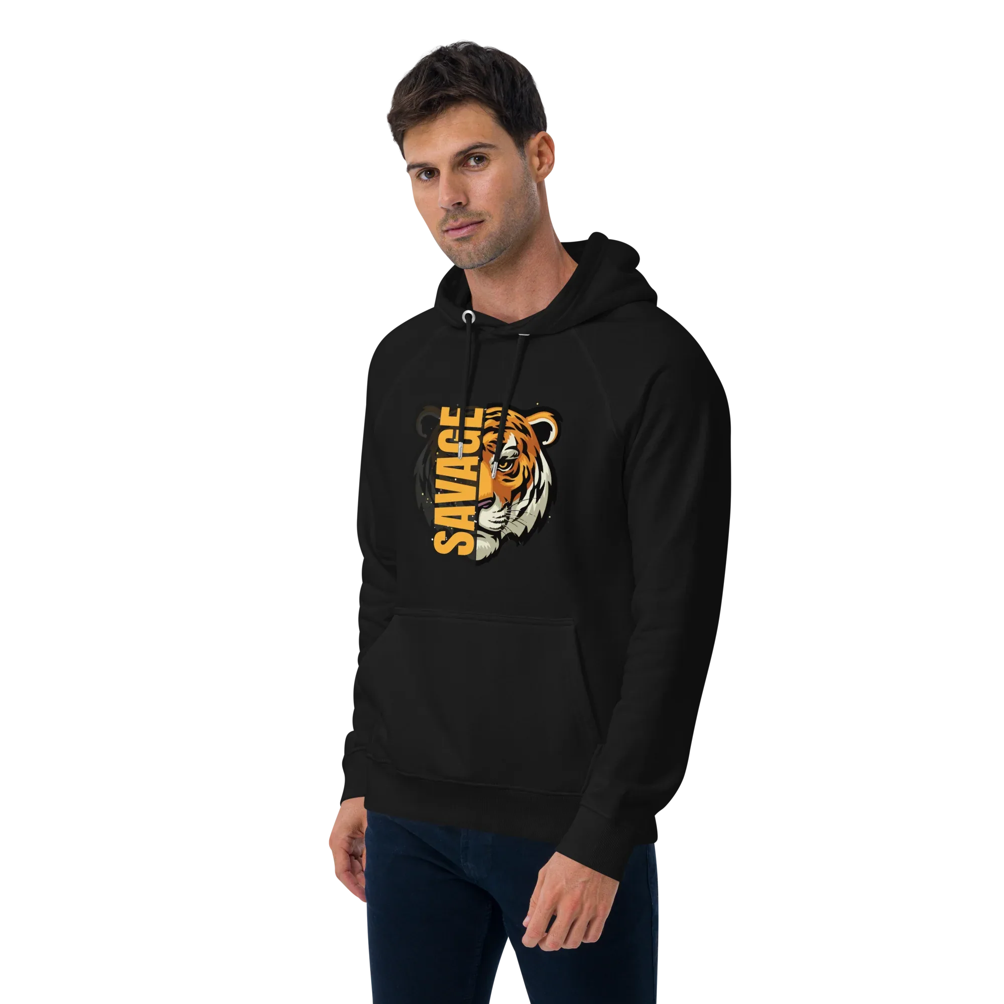 Unisex | Savage Tiger Raglan Hoodie Hoodie AwRans Clothing unisex-eco-raglan-hoodie-black-left-front-65db1250317a5