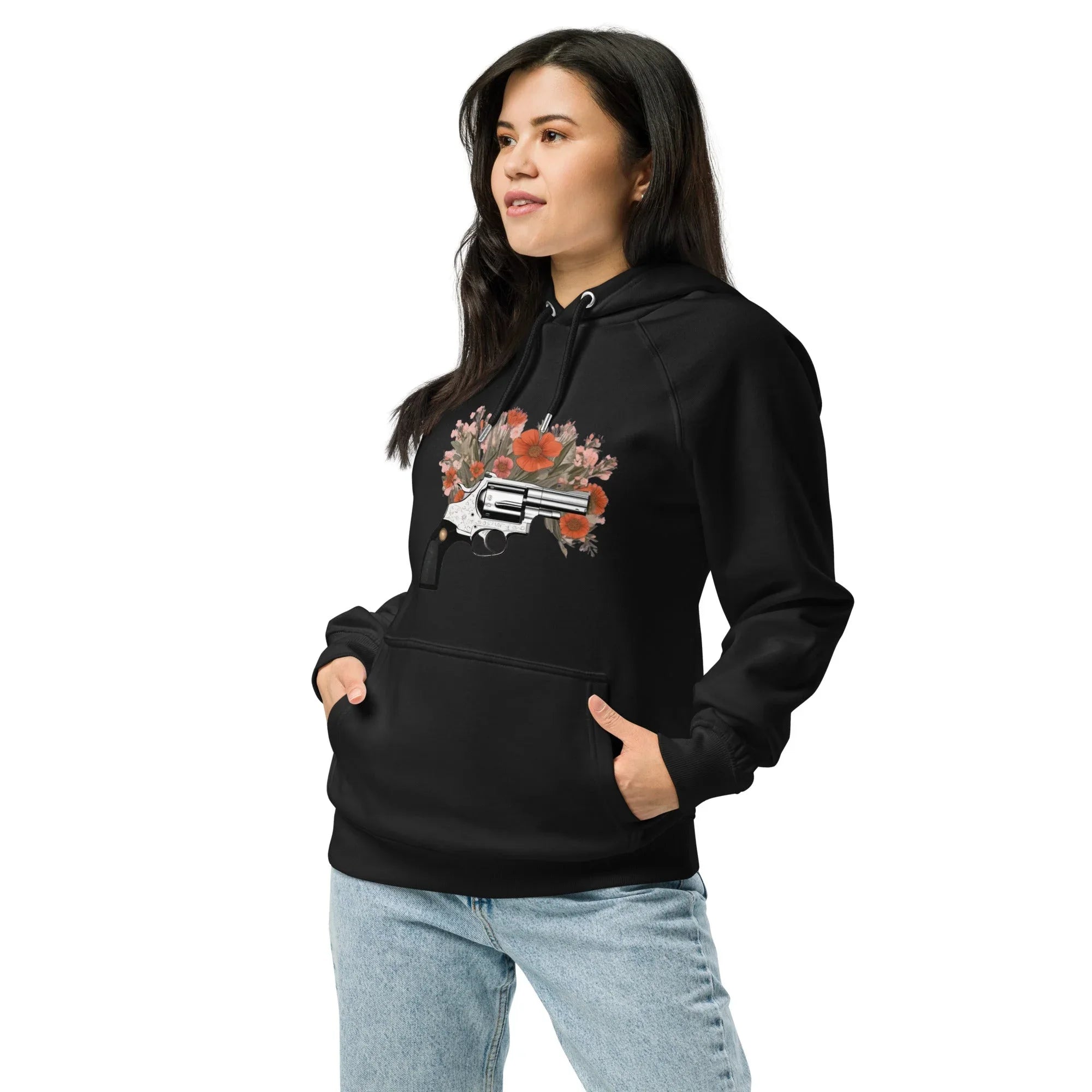 Unisex | Gun Flower Hoodie Hoodie AwRans Clothing unisex-eco-raglan-hoodie-black-left-front-65db756292443
