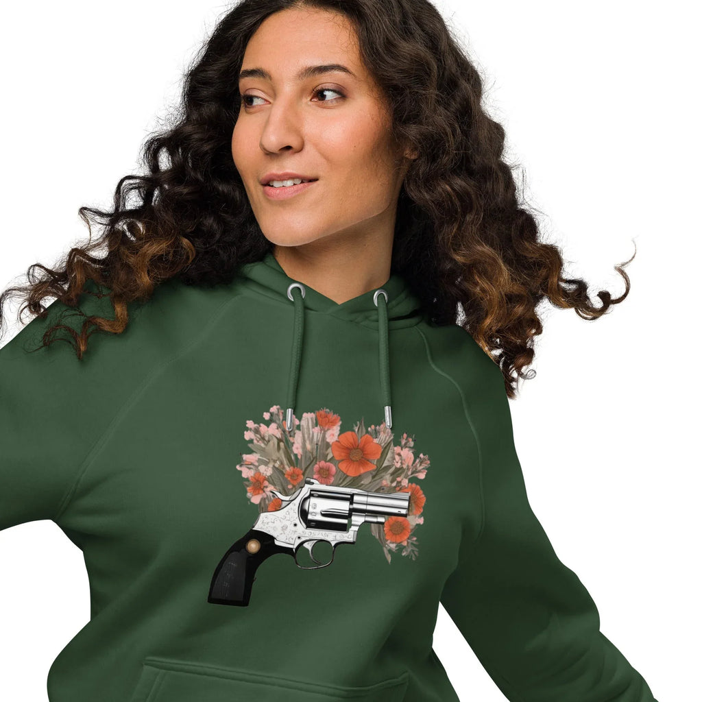 Unisex | Gun Flower Hoodie Hoodie AwRans Clothing unisex-eco-raglan-hoodie-bottle-green-front-2-65db756294689